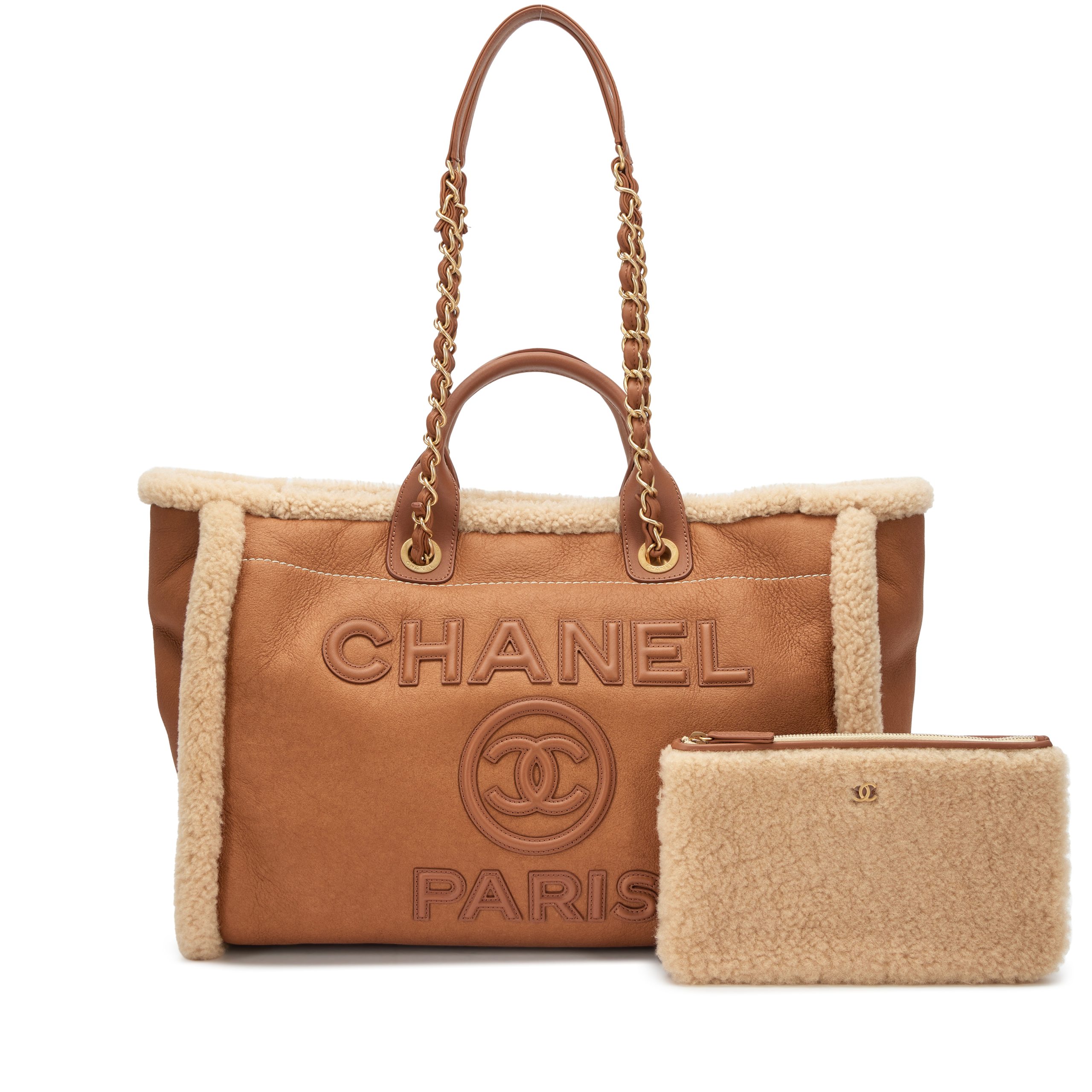 Brown Lambskin and Teddy Shearling Medium Deauville Tote Aged Gold Hardware, 2024