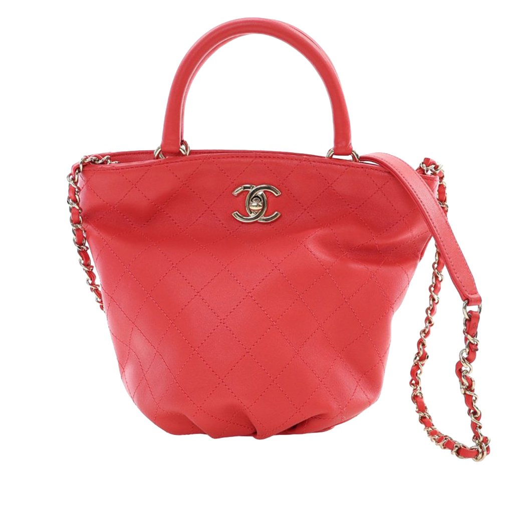 Red Quilted Calfskin Small CC Lock Bucket Tote Gold Hardware, 2019