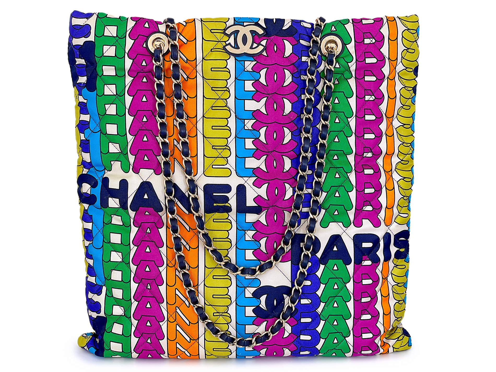 White Multicolor Quilted Canvas Rainbow Letter Print Tote Bag Gold Hardware, 2021