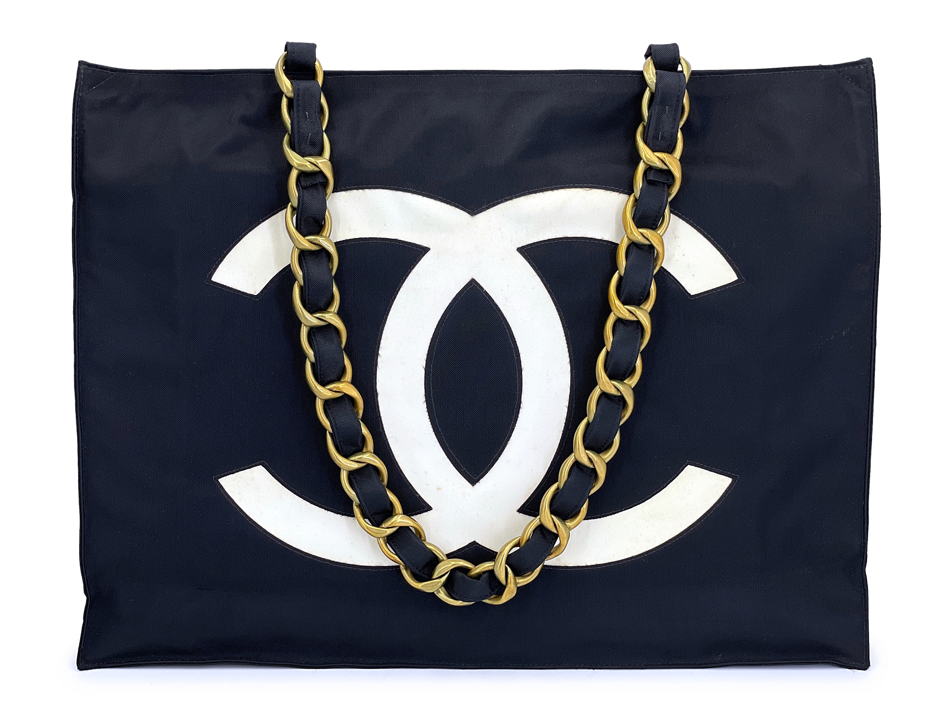 Vintage Black Nylon Canvas Chunky Chain Tote Bag Gold Hardware, 1994