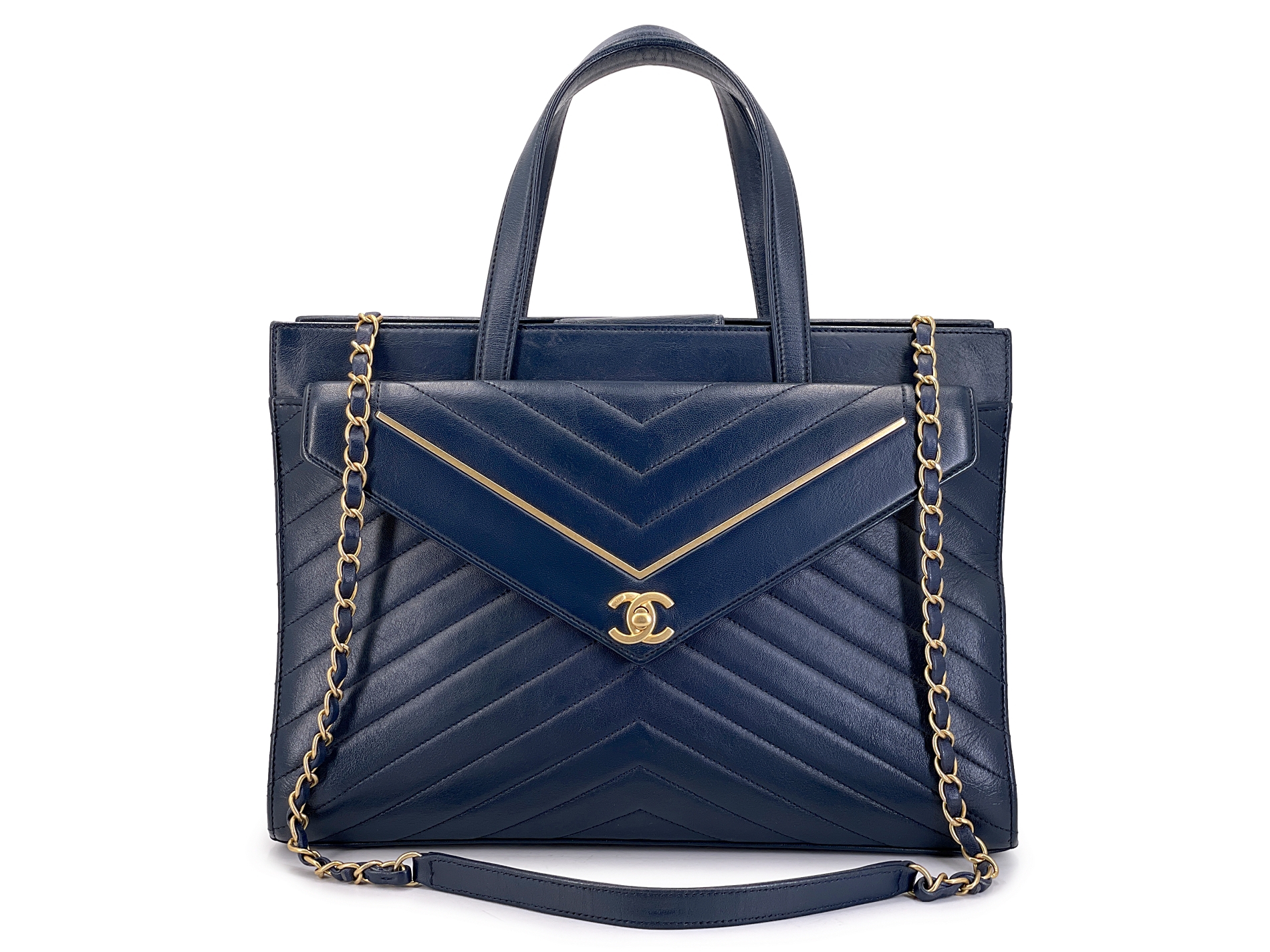 Navy Blue Reversed Chevron Convertible Business Tote Bag Aged Gold Hardware, 2018