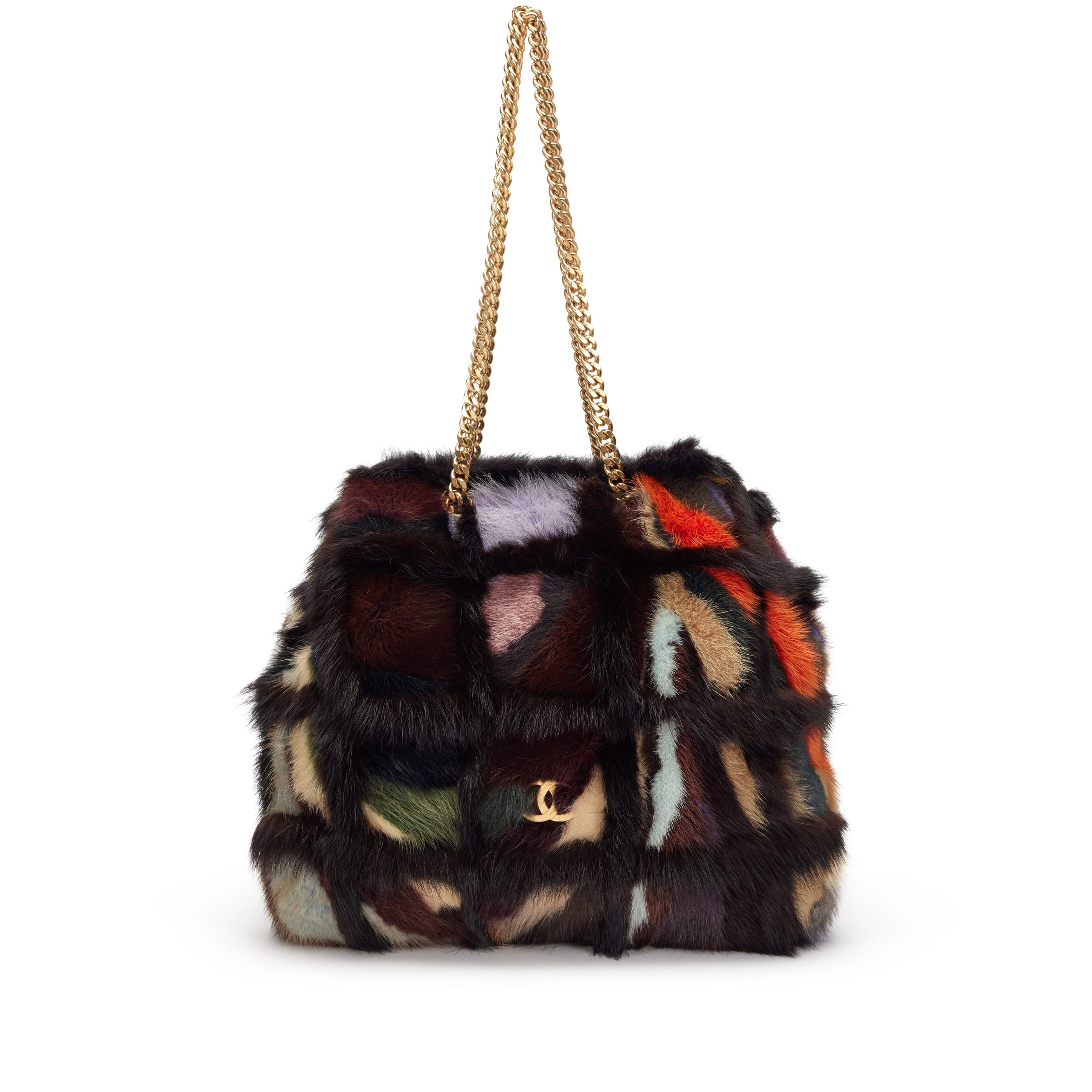 Multicolor Mink Fur Patchwork Tote Brushed Gold Hardware, 2000