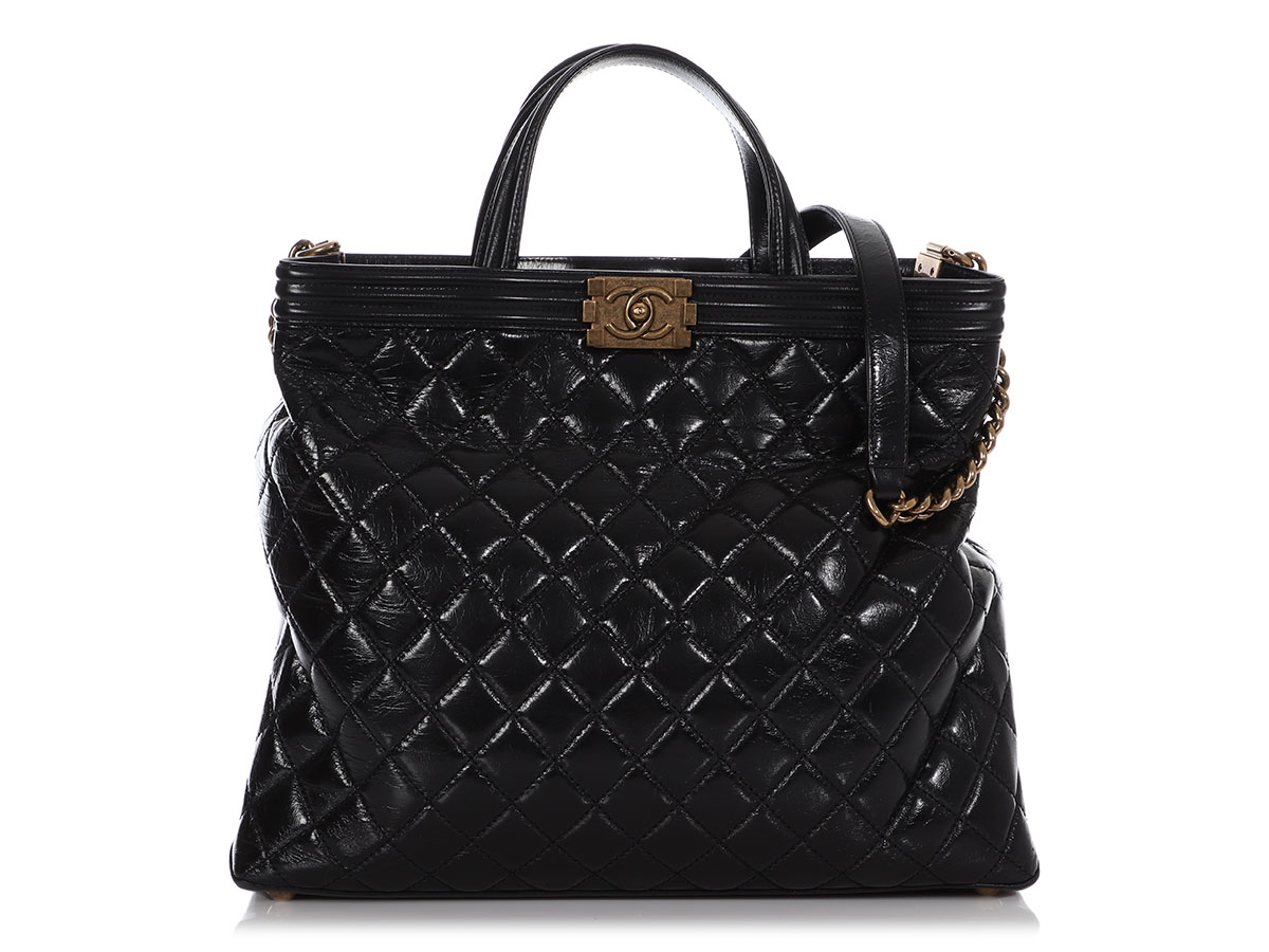 Black Quilted Glazed Calfskin Large Boy Shopping Tote Gold Hardware, 2013
