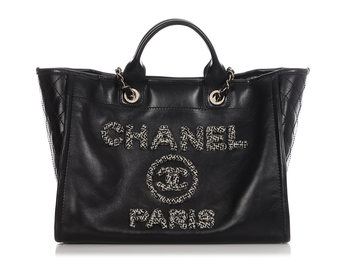 Black Leather Calfskin and Tweed Deauville Large Tote Gold Hardware, 2022