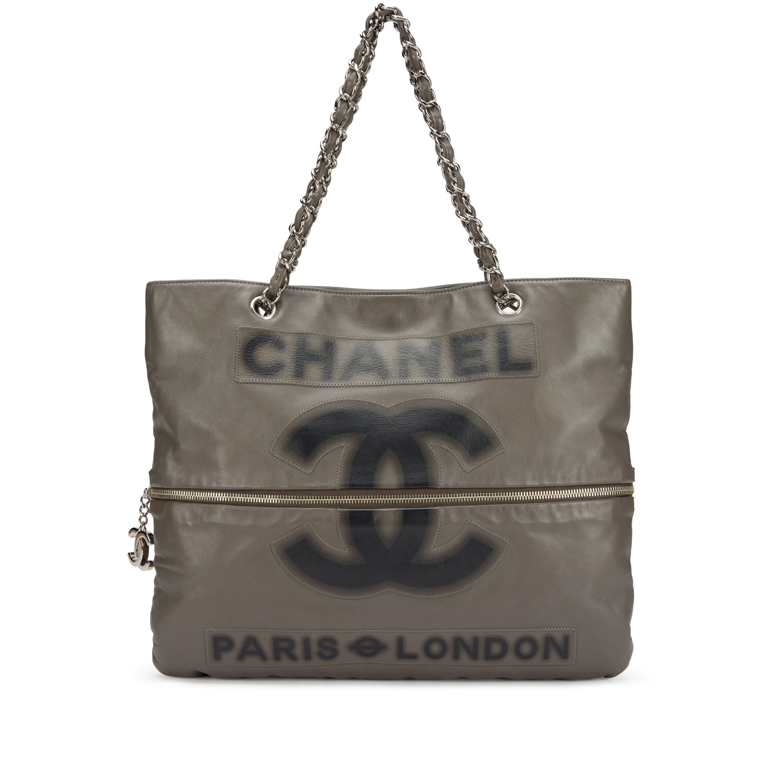 Grey Calfskin Large Expandable Paris London Tote Bag Silver Hardware, 2008