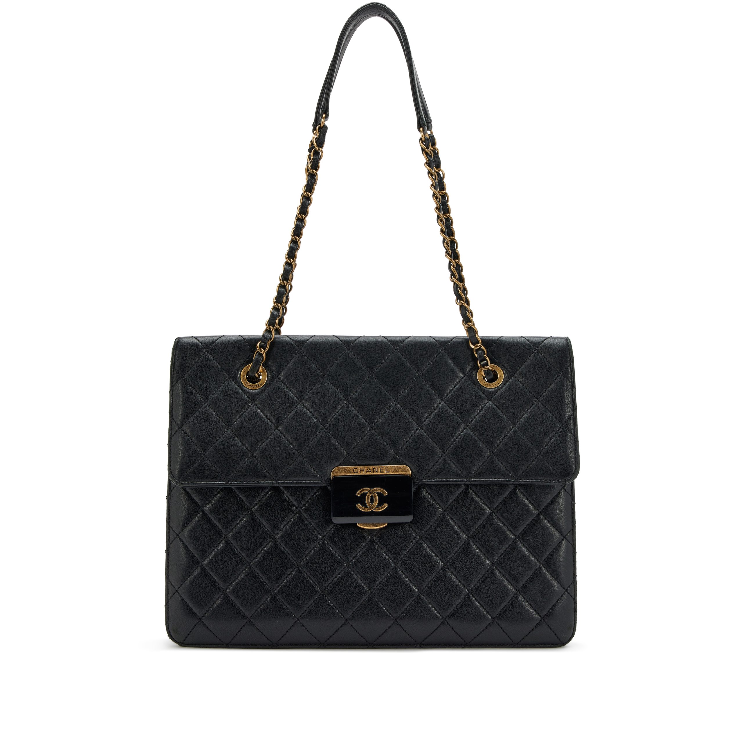 Black Quilted Sheepskin Small Beauty Lock Tote Aged Gold Hardware, 2016-2017