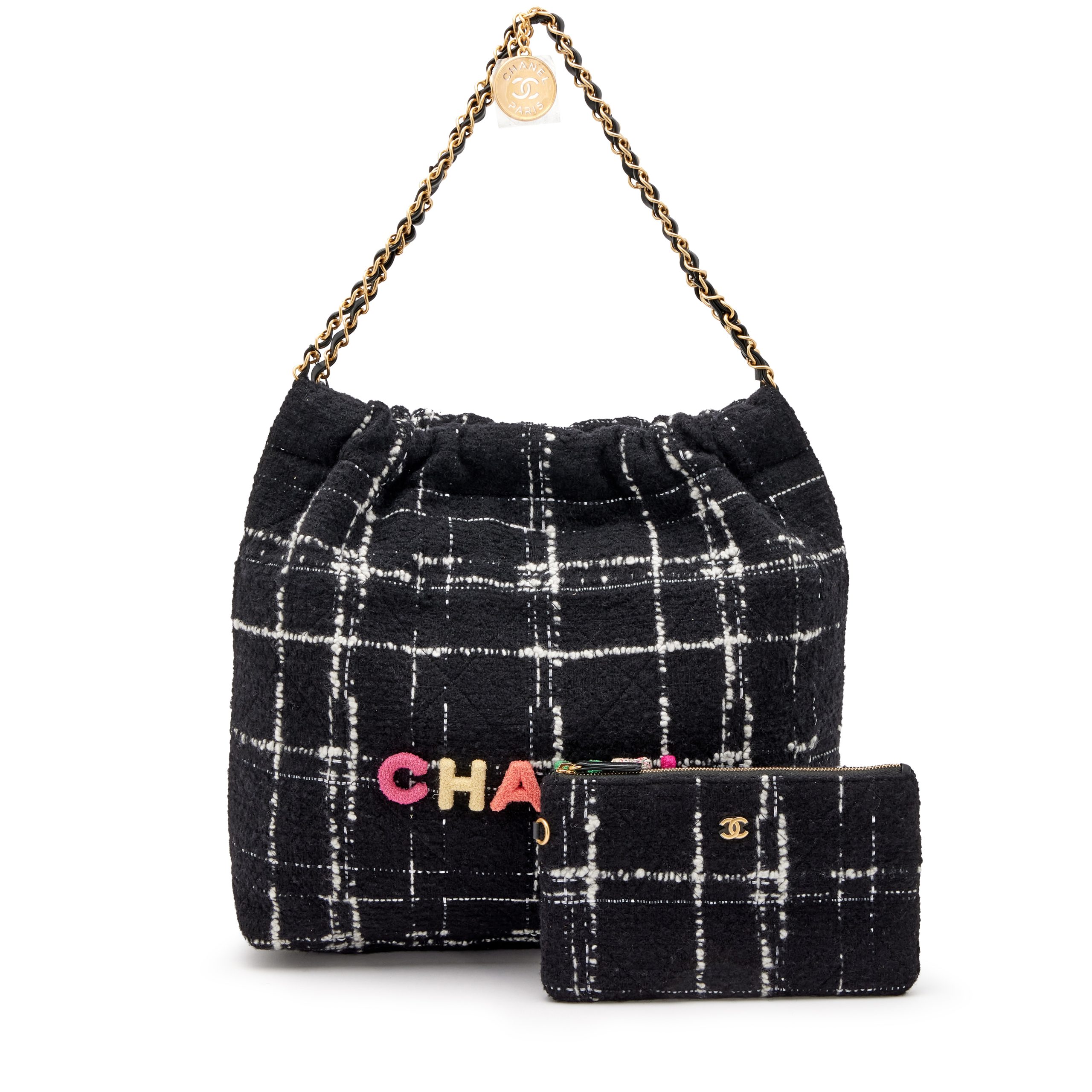 Black, White, and Rainbow Quilted Wool Tweed 22 Tote Aged Gold Hardware, 2022