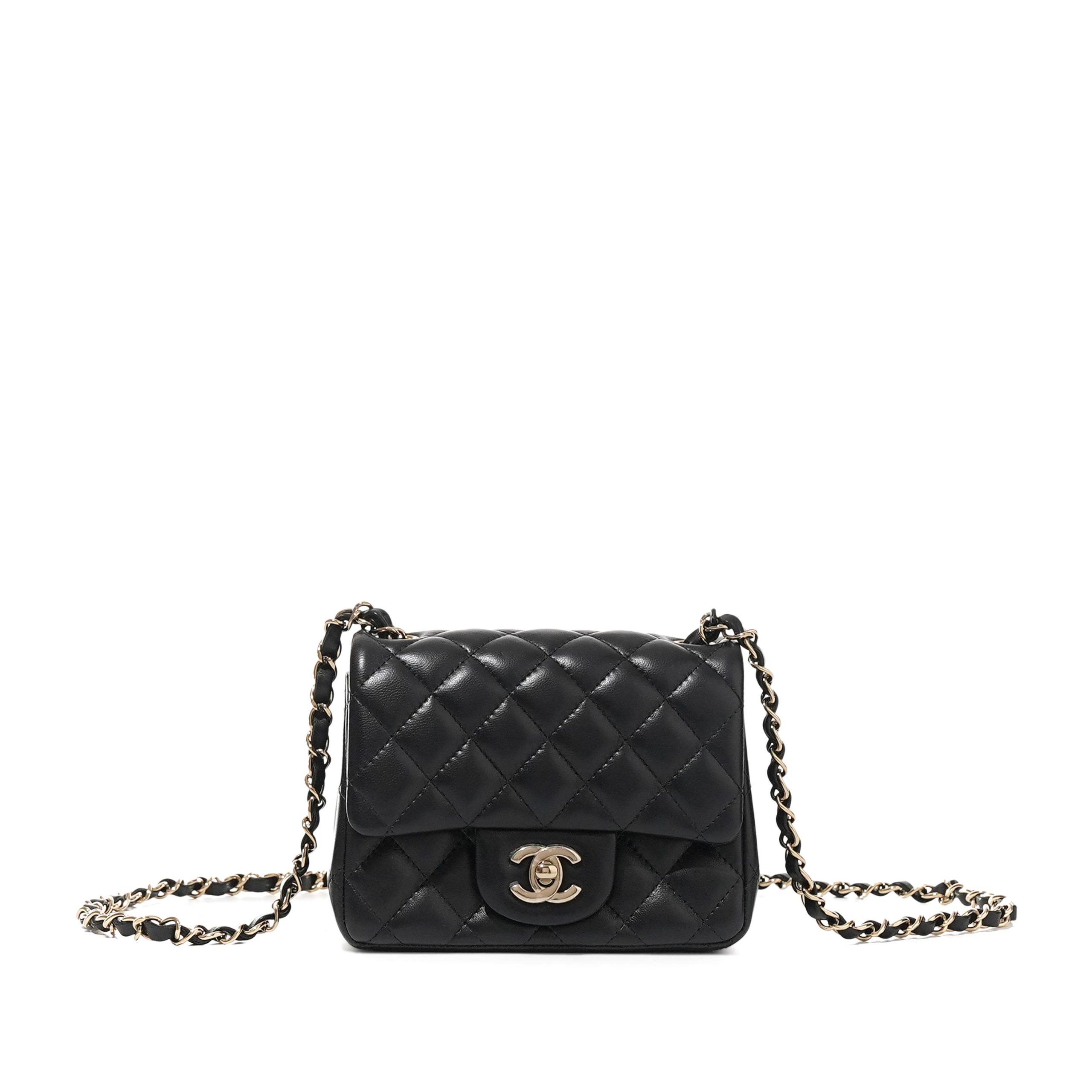 Black Quilted Lambskin Mini Square Flap Bag Pale Gold Hardware 
