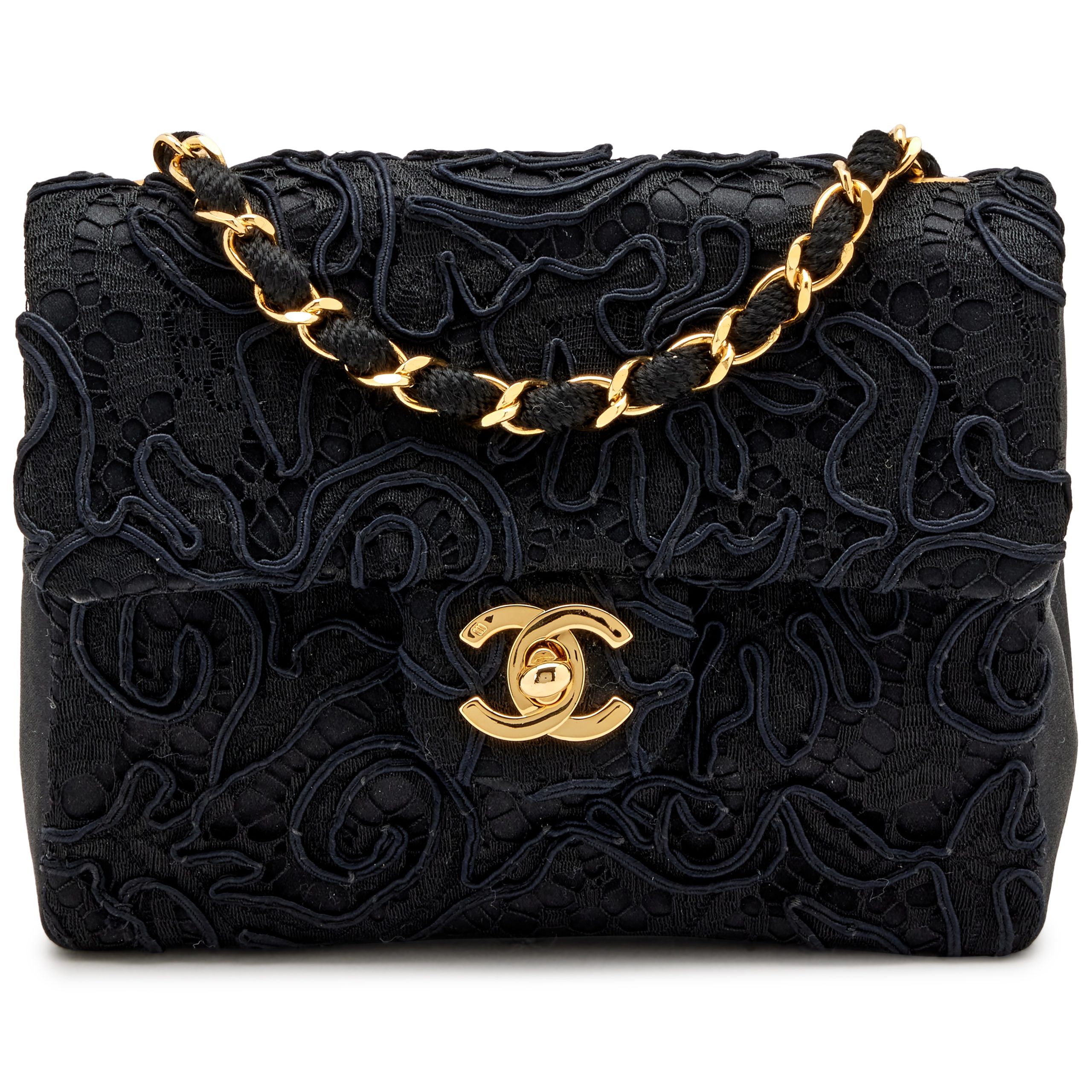 Black Lace Satin Mini Square Classic Single Flap Gold Hardware, 1991
