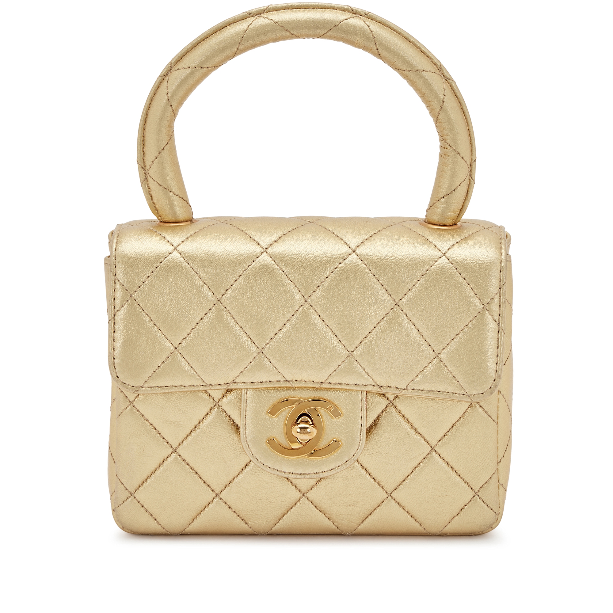 Metallic Gold Quilted Lambskin CC Top Handle Mini Kelly Bag Gold Hardware, 1991-1994