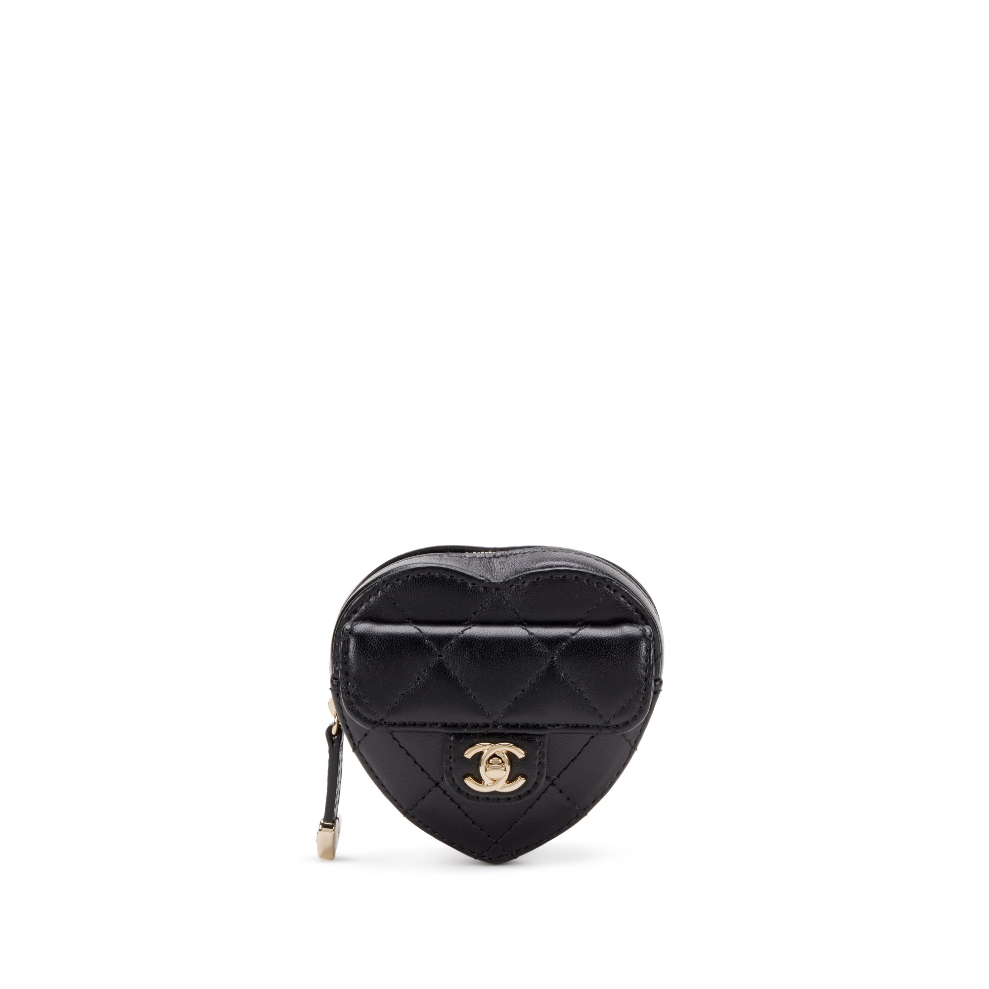 Black Quilted Lambskin Heart Zipped Coin Wrist Purse Gold Hardware, 2022