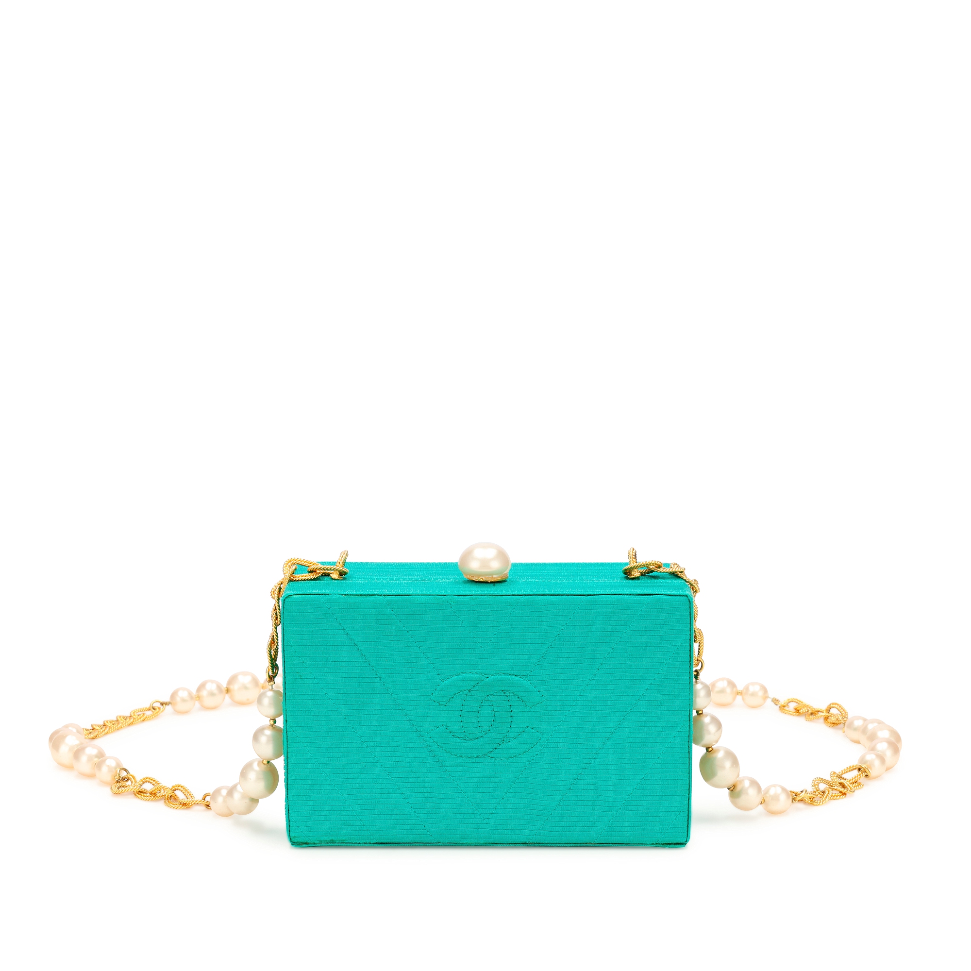 Green Quilted Satin CC Minaudire Gold and Imitation Pearl Hardware, 1991-1994