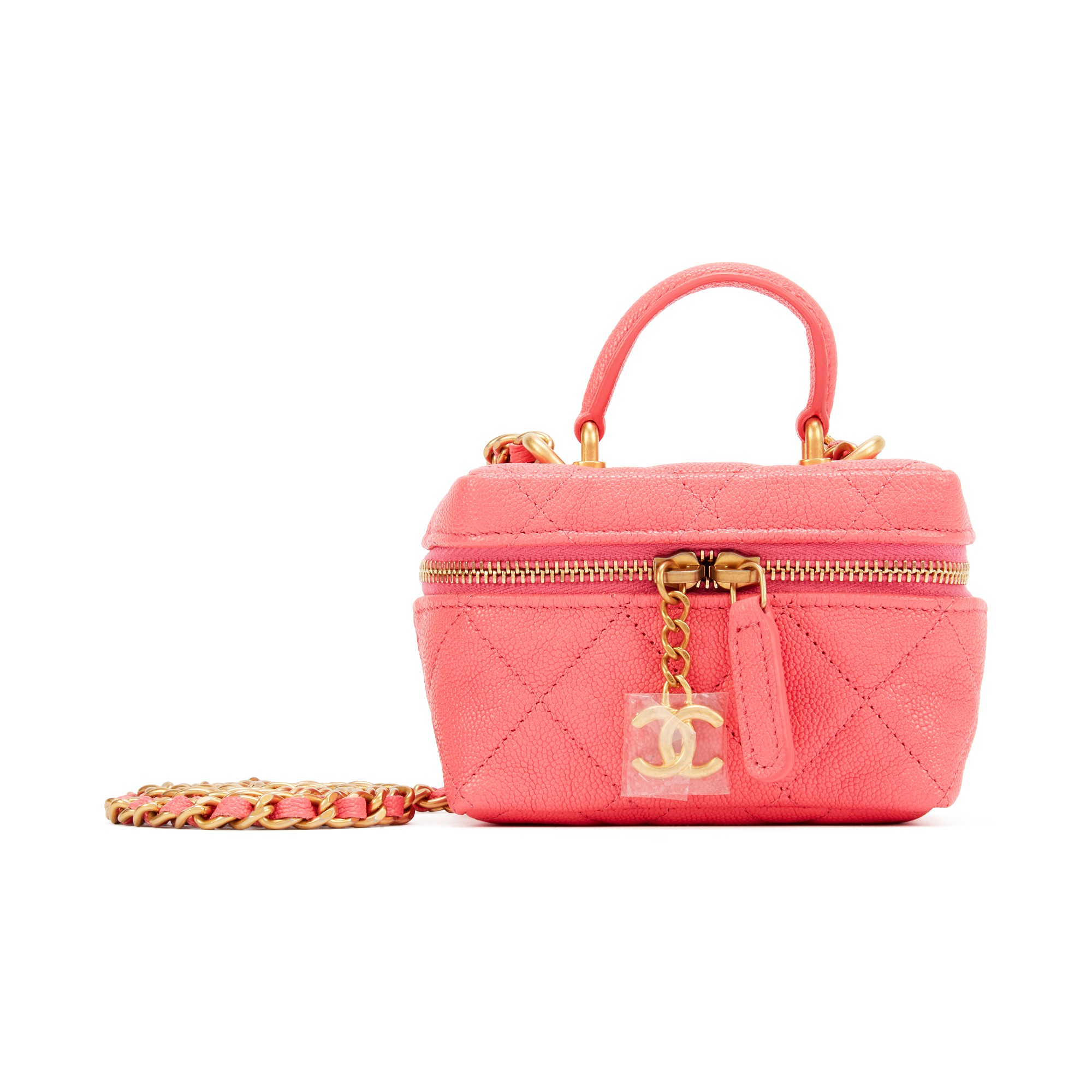 Pink Quilted Grained Calfskin Mini Vanity Case with Chain Gold Hardware, 2021