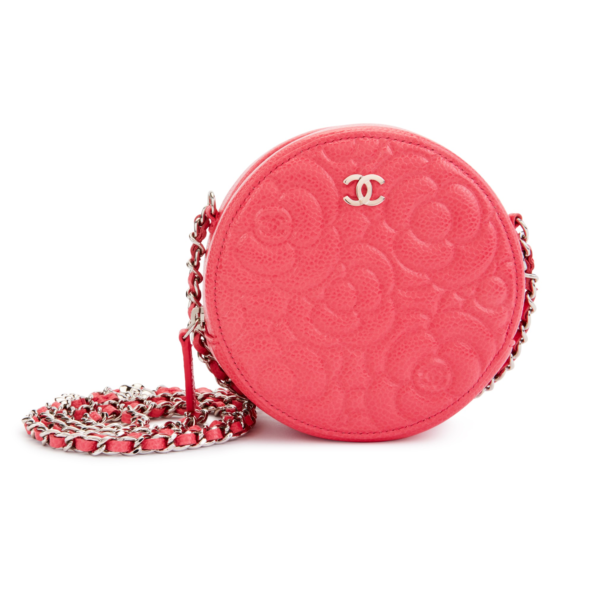 Pink Camellia Embossed Grained Calfskin Round Chain Clutch Silver Hardware, 2020