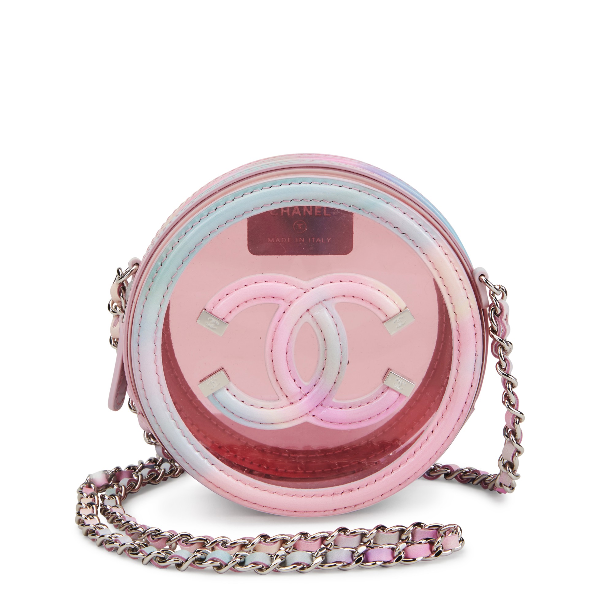 Multicolor Patent Calfskin and PVC Filigree Round Clutch with Chain Silver Hardware, 2020