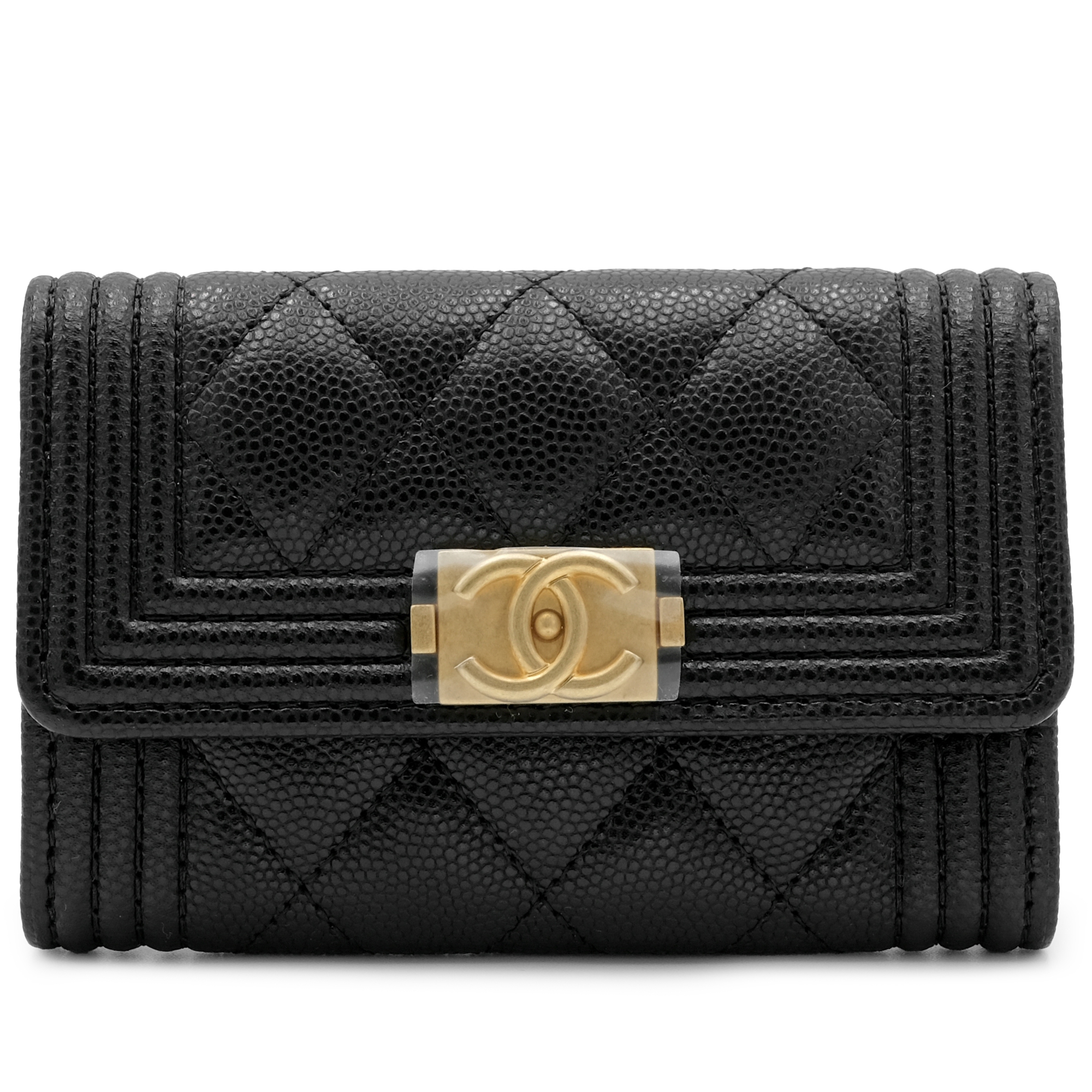 Black Quilted Caviar Boy Flap Card Holder Gold Hardware, 2023