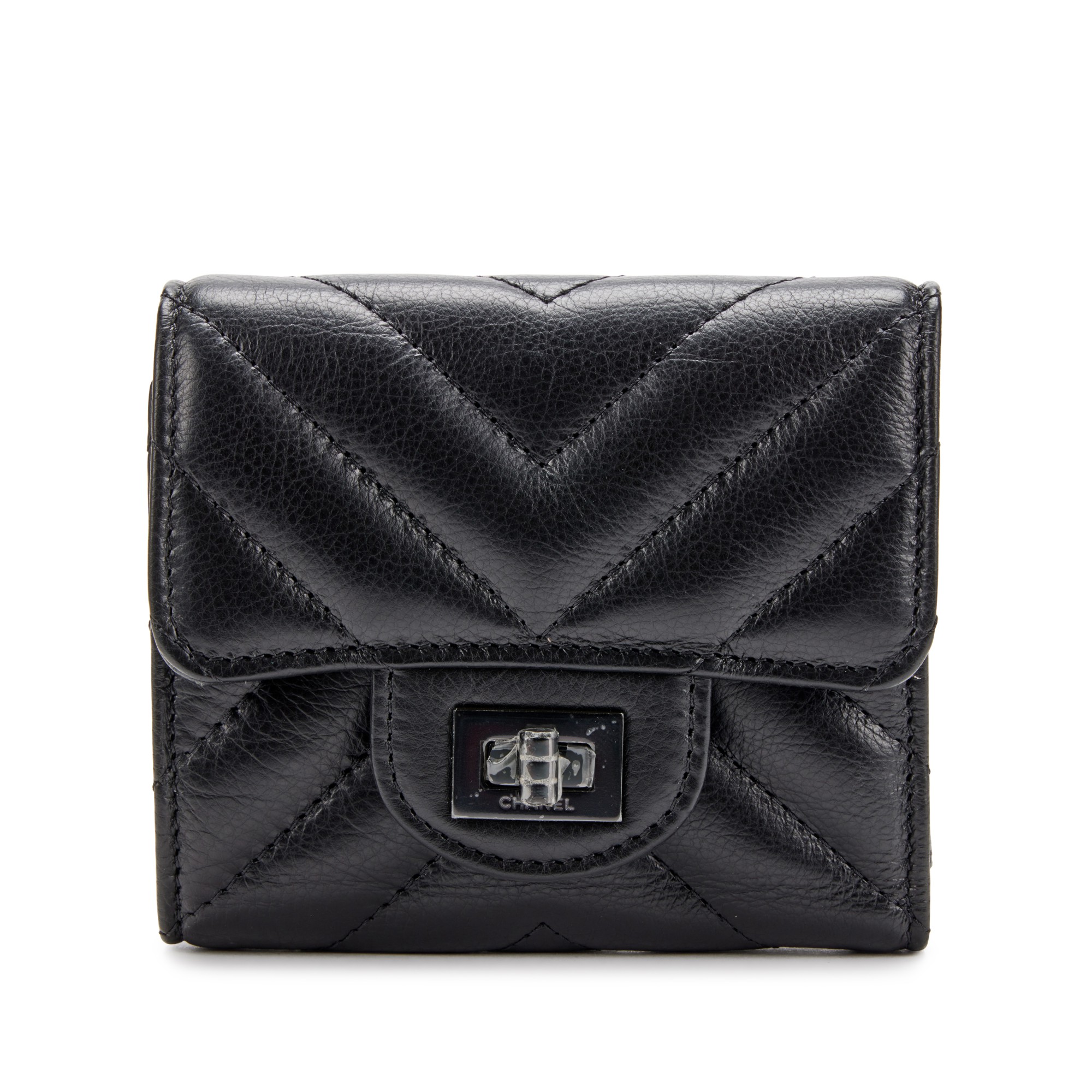 Black Chevron Quilted Aged Calfskin So Black 2.55 Reissue Small Wallet Black Hardware, 2017
