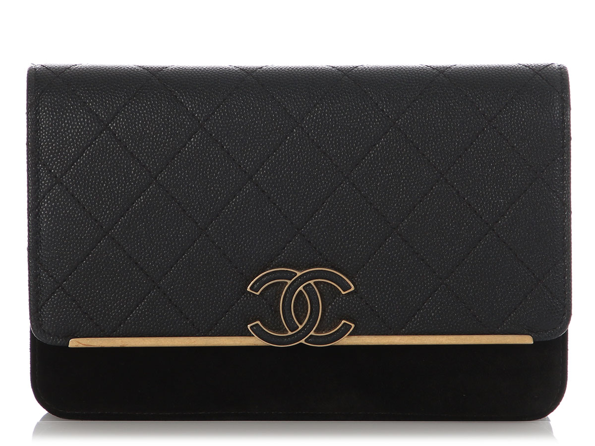 Black Quilted Caviar and Suede Wallet on Chain WOC Aged Gold Hardware, 2017