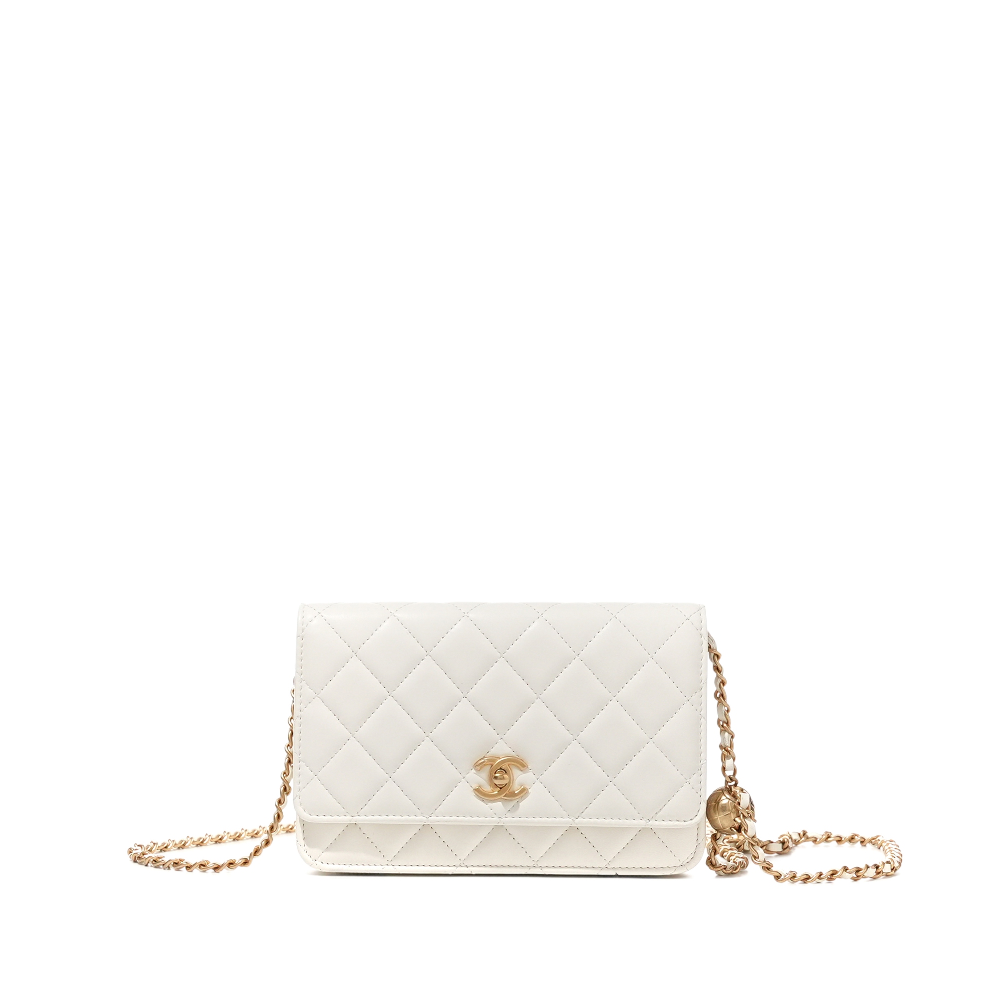 White Quilted Lambskin Pearl Crush Wallet on Chain Aged Gold Hardware, 2021