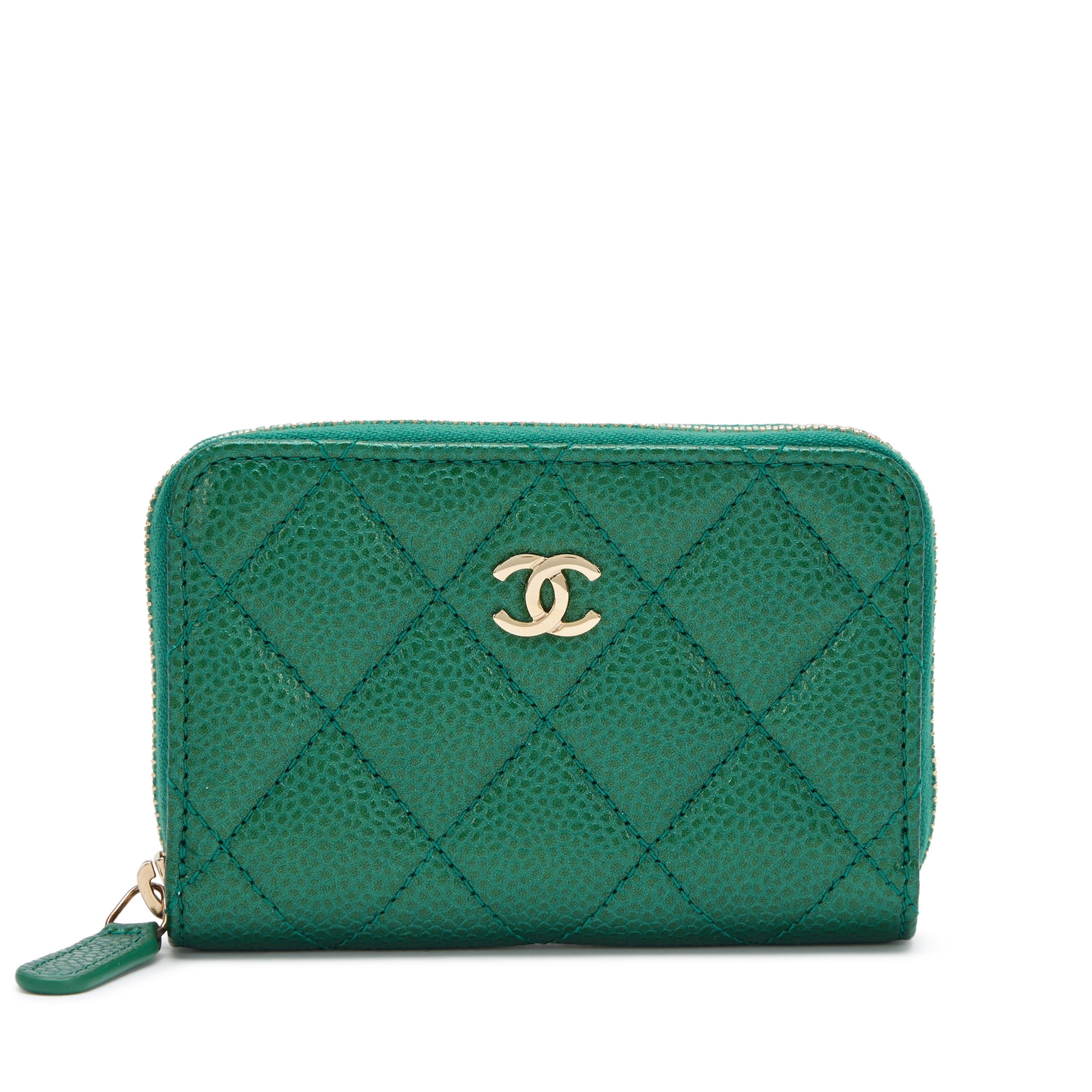 Metallic Pearly Green Quilted Caviar Zip Around Card Holder Coin Wallet Light Gold Hardware, 2018