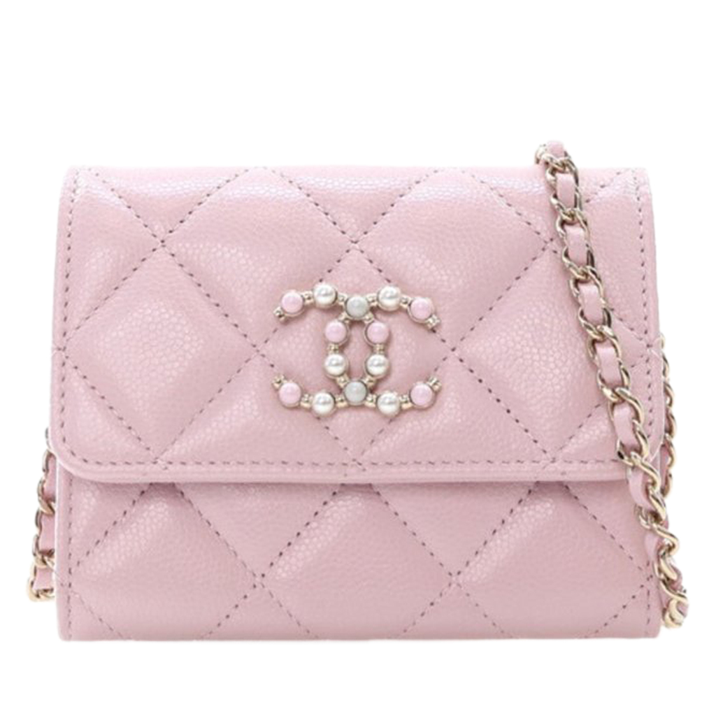 Pink Quilted Caviar Coco Candy Card Holder On Chain Pale Gold Hardware, 2020