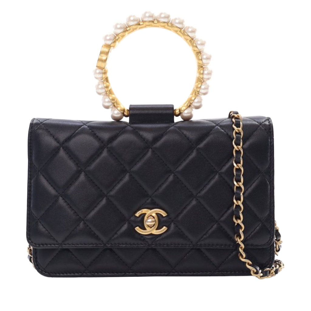 Black Quilted Lambskin Pearl Crown Wallet On Chain WOC Aged Gold Hardware, 2021