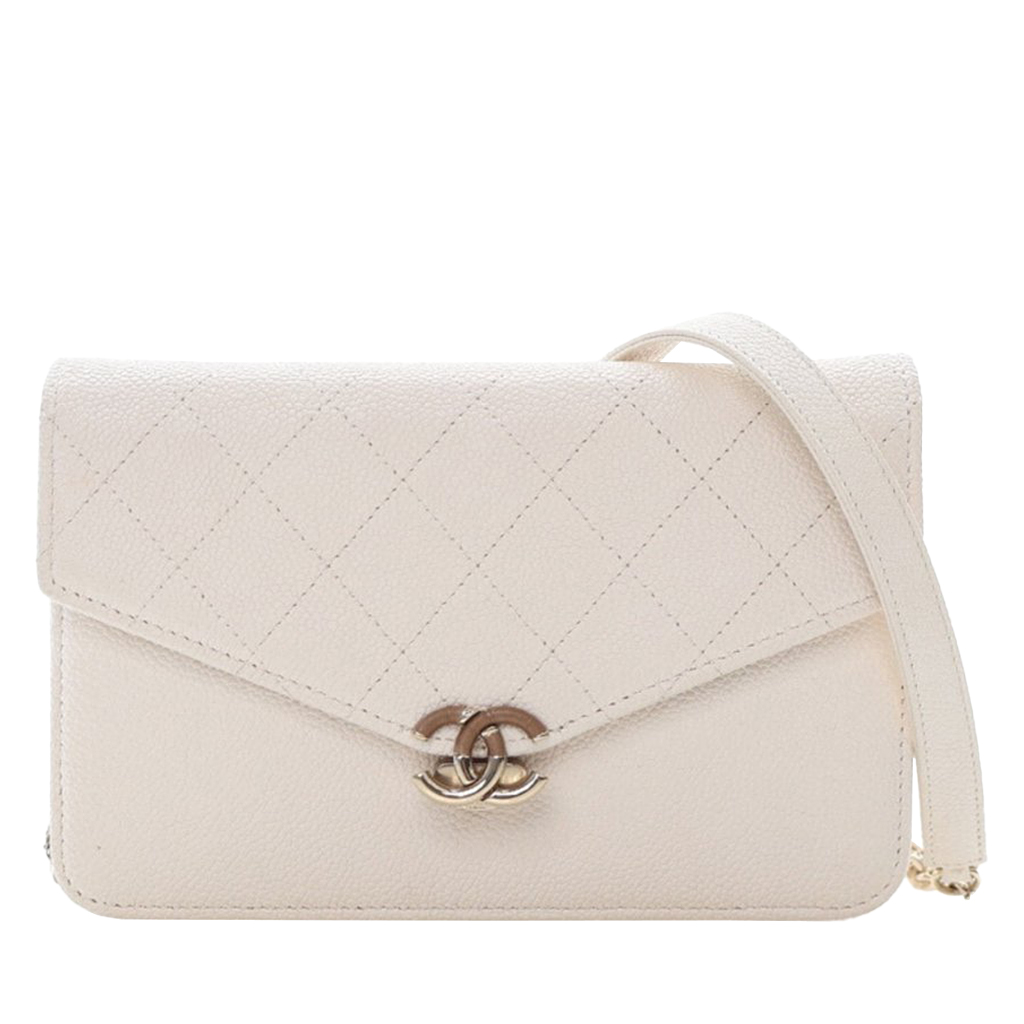 White Quilted Caviar Cuba Wallet On Chain (WOC) Pale Gold Hardware, 2018