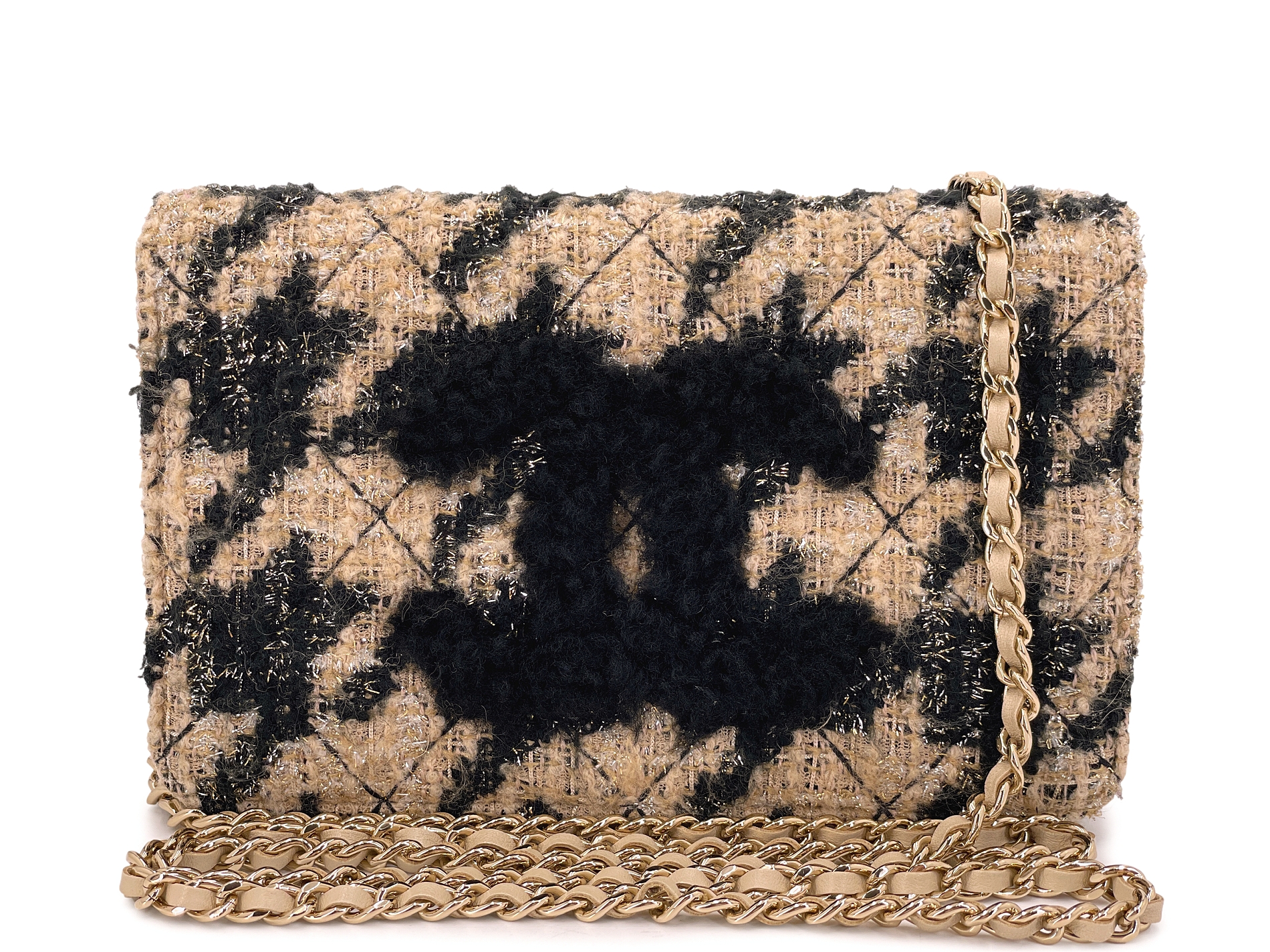 Beige and Black Houndstooth Tweed WOC Wallet on Chain Set Bag Gold Hardware, 2019
