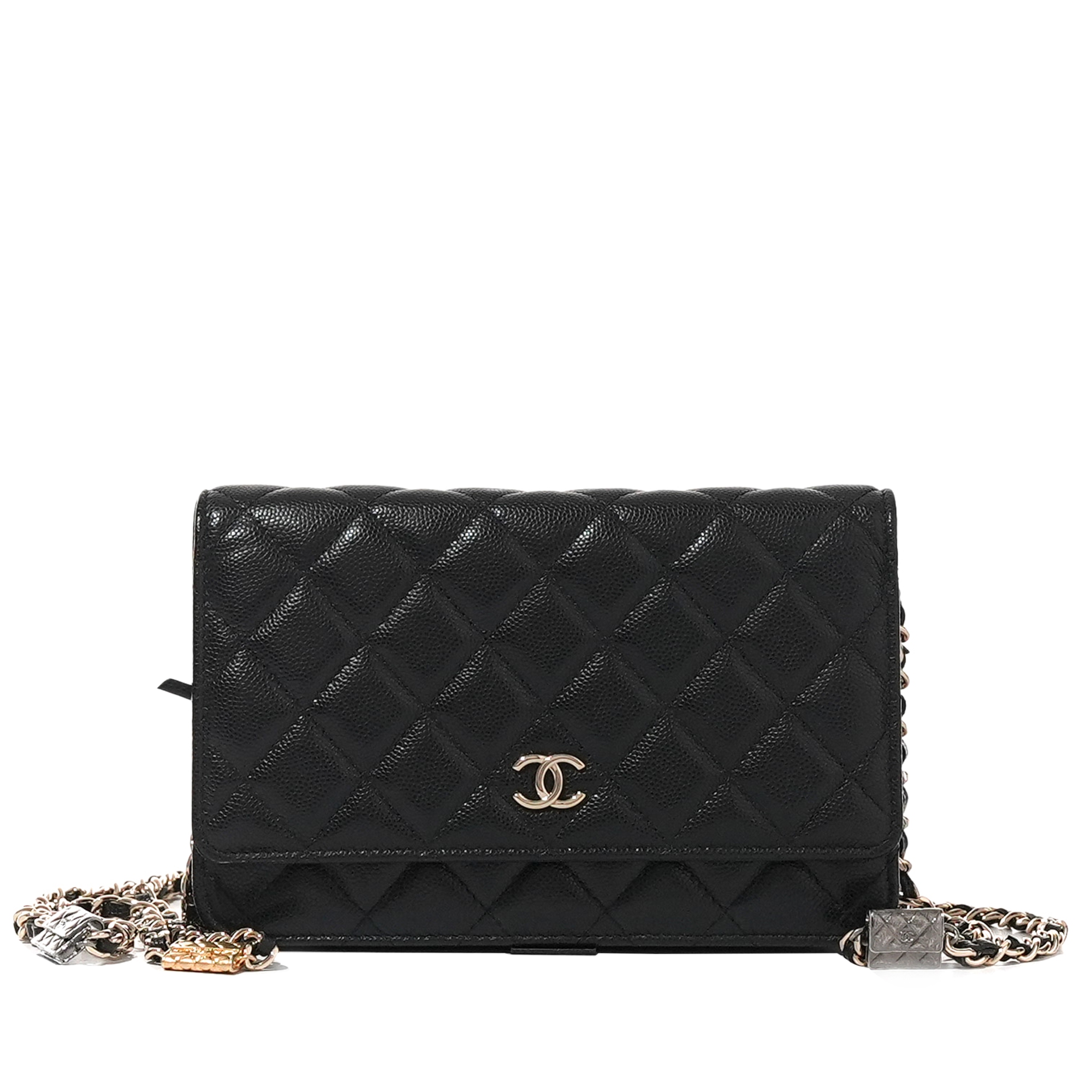 Black Quilted Caviar Wallet on Chain Pale Gold Hardware