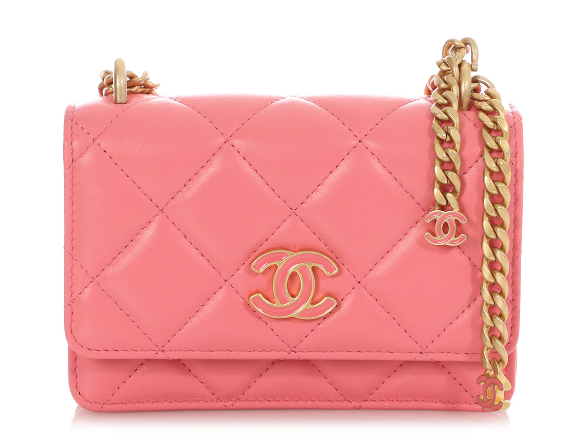 Pink Quilted Lambskin Pending CC Wallet on Chain WOC Aged Gold Hardware, 2022