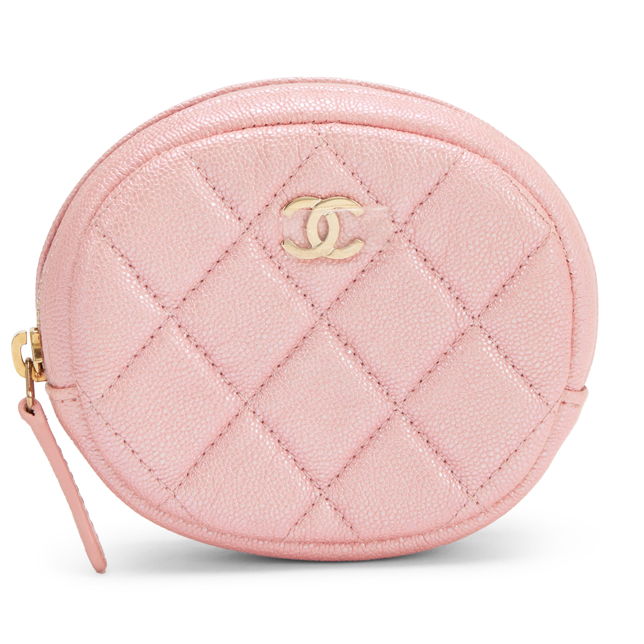 Iridescent Pink Quilted Caviar Round Coin Purse Gold Hardware, 2019