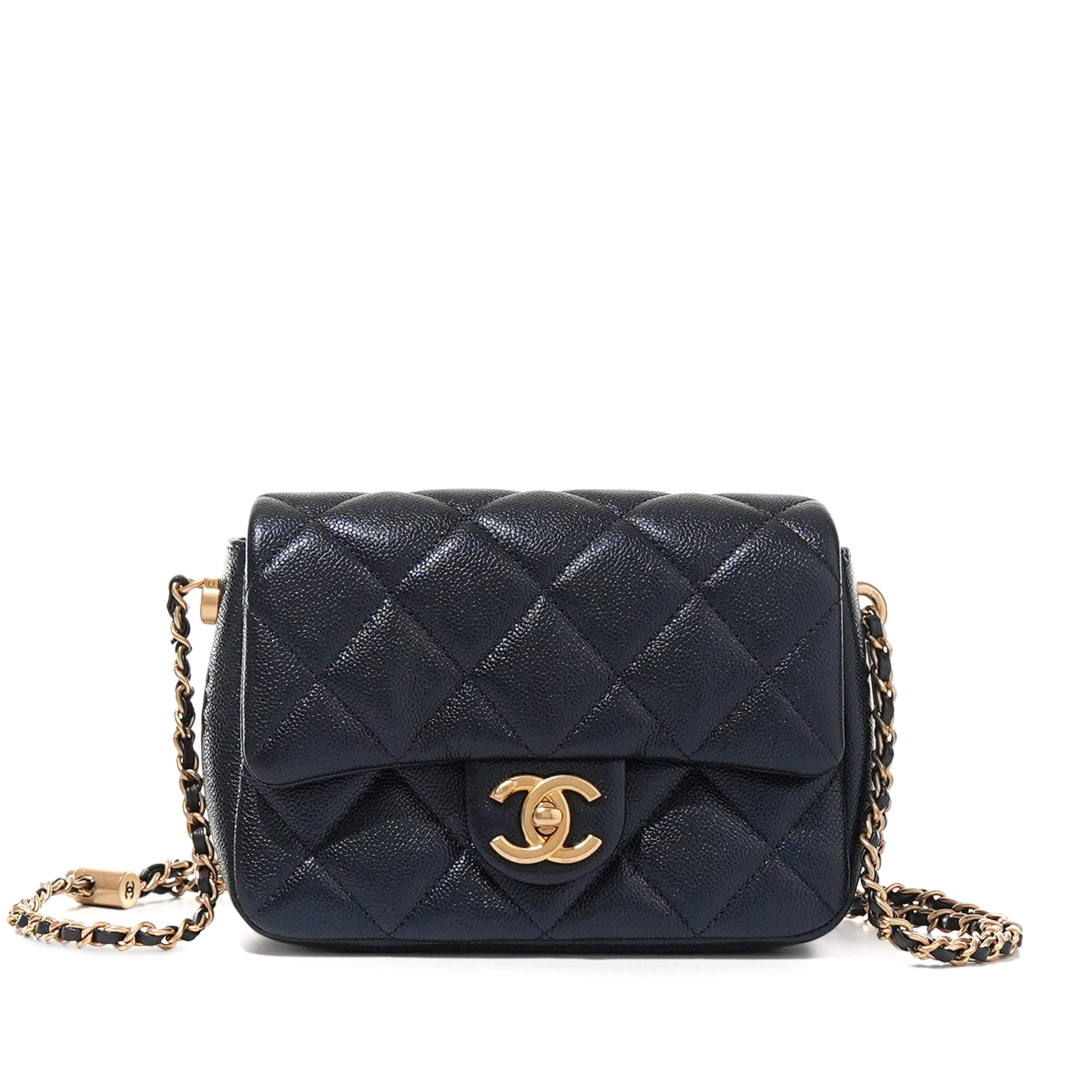 Navy Quilted Caviar Flap Bag with Adjustable Chain Brushed Gold Hardware