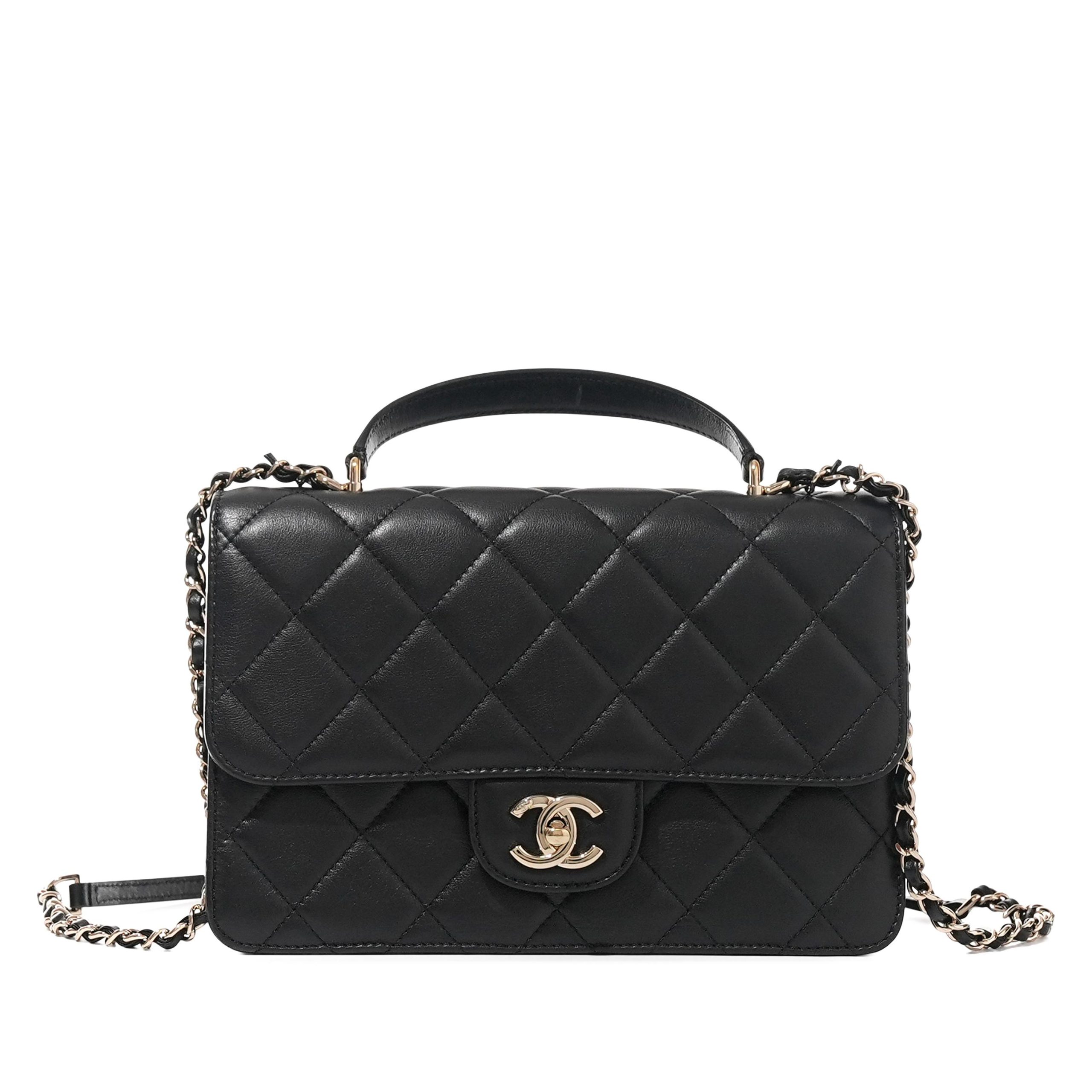 Black Quilted Lambskin Top Handle Flap Bag Pale Gold Hardware