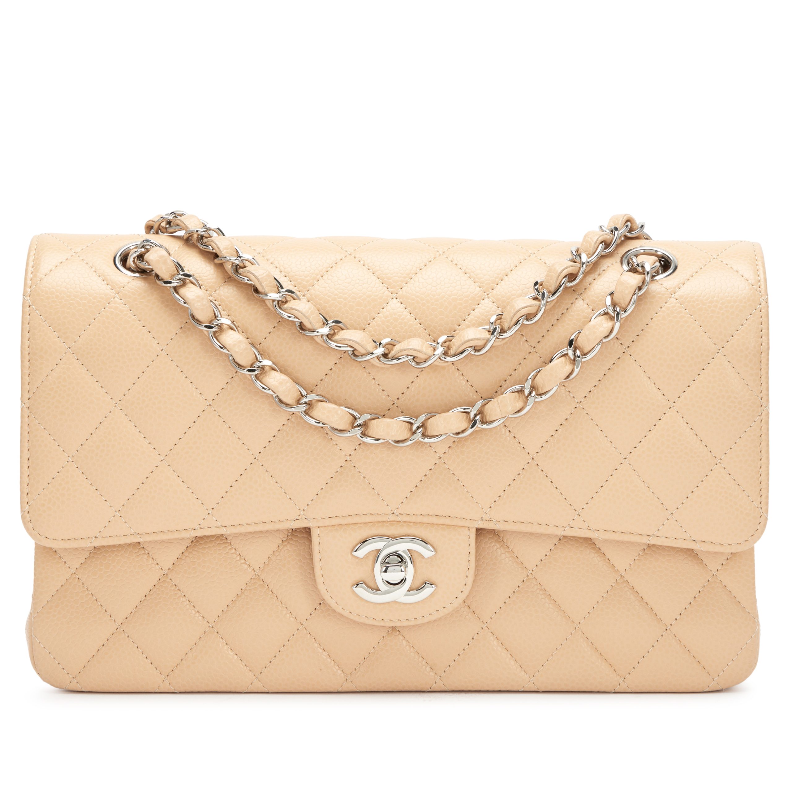 Beige Quited Caviar Medium Classic Double Flap Bag Silver Hardware, 2020s