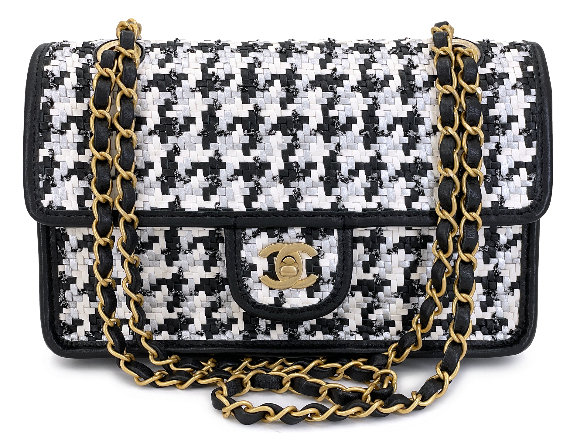 Black and White Wicker Straw Houndstooth Flap Bag Gold Hardware, 2023
