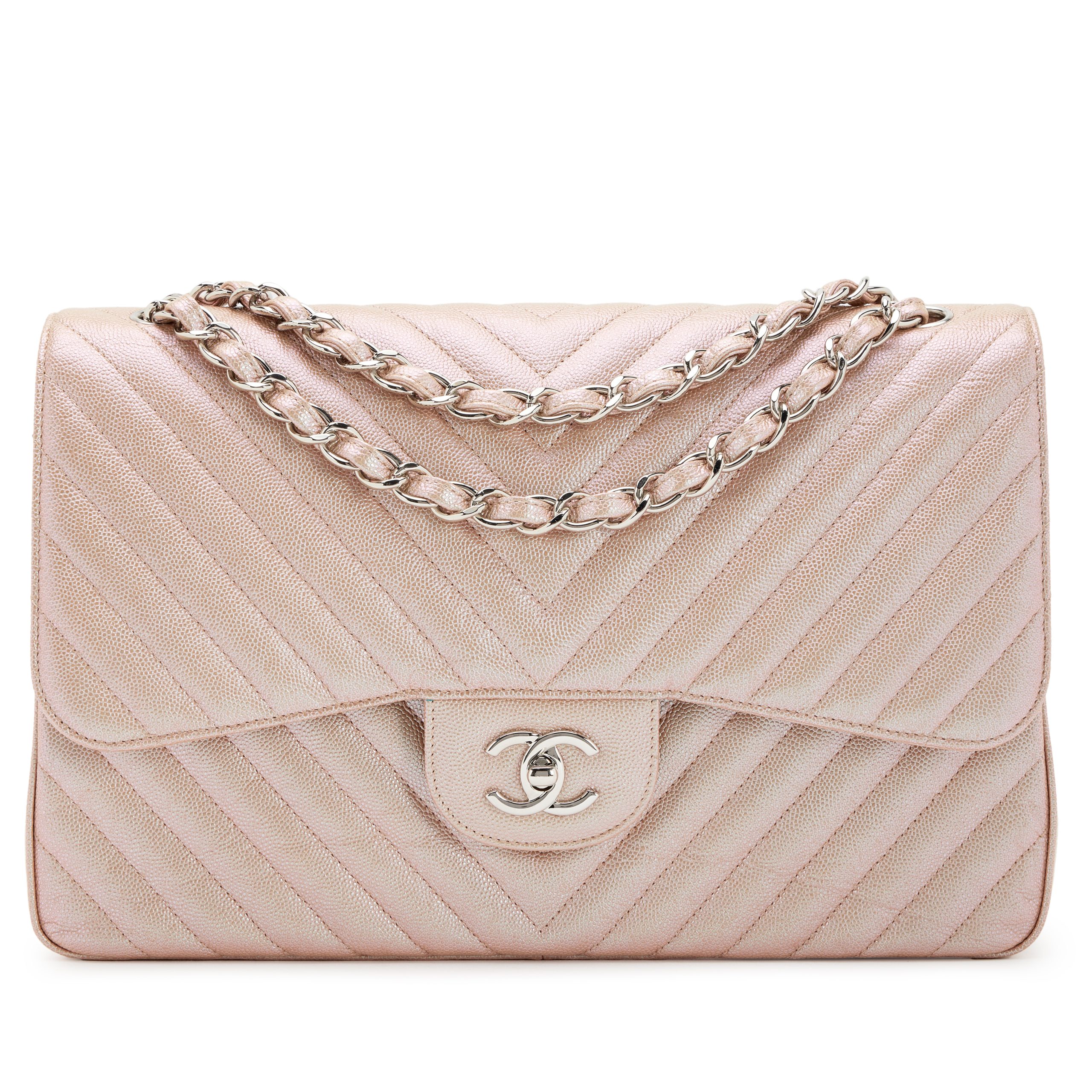 Iridescent Rose Gold Chevron Quilted Caviar Jumbo Classic Double Flap Bag Silver Hardware, 2017