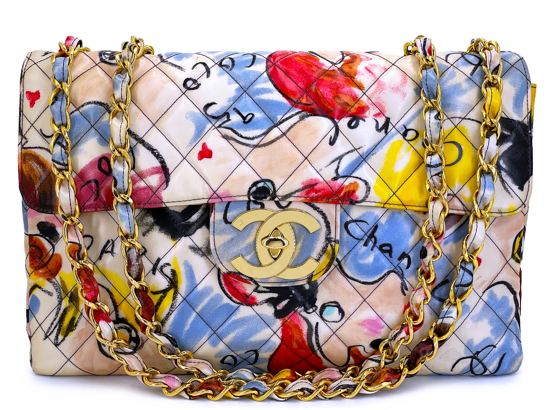 Vintage Multicolor Coated Canvas Barbie Maxi Flap Bag Gold Hardware, 1995