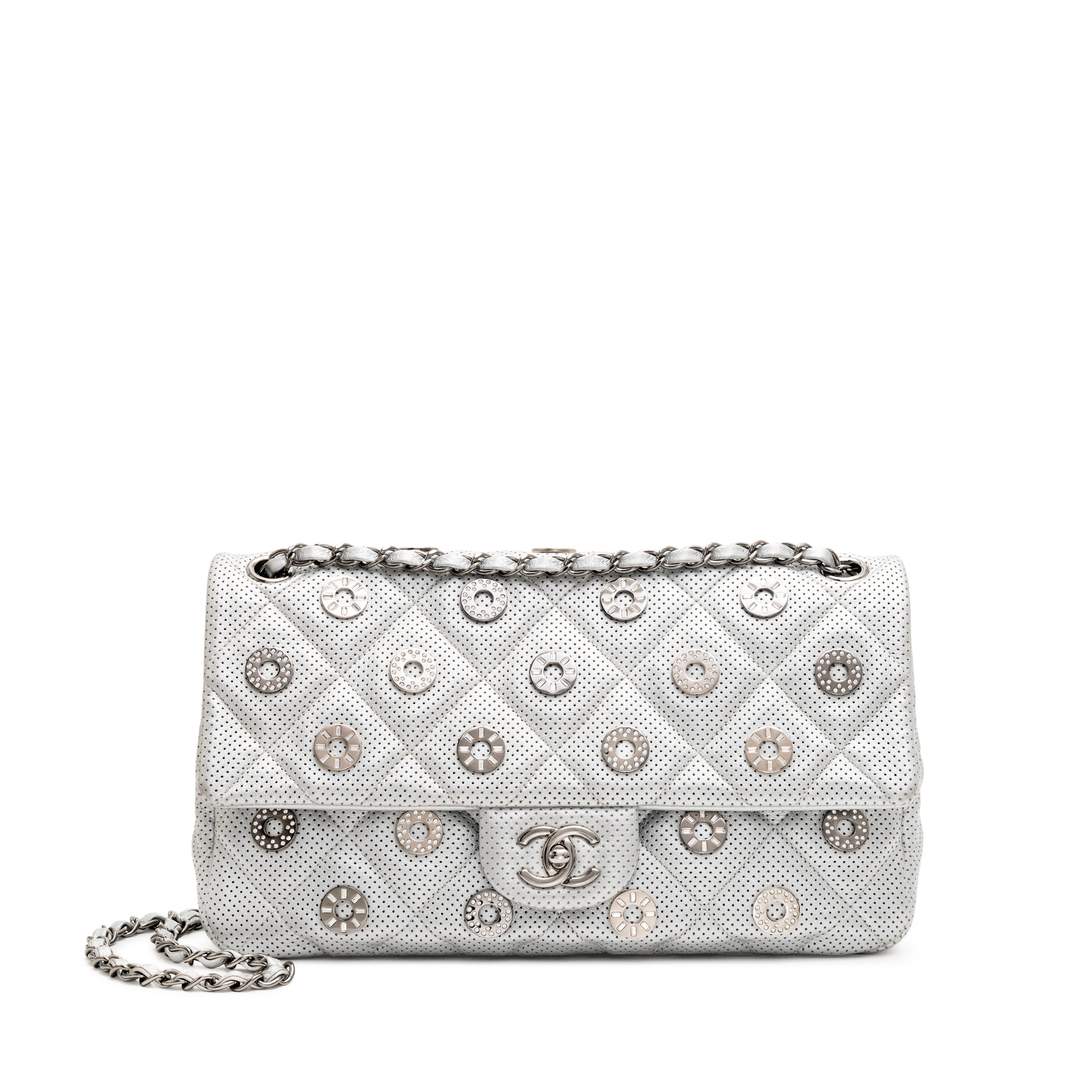 Silver Quilted Perforated Lambskin Paris-Dubai Medals Medium Single Flap Bag Silver Hardware, 2014-2015