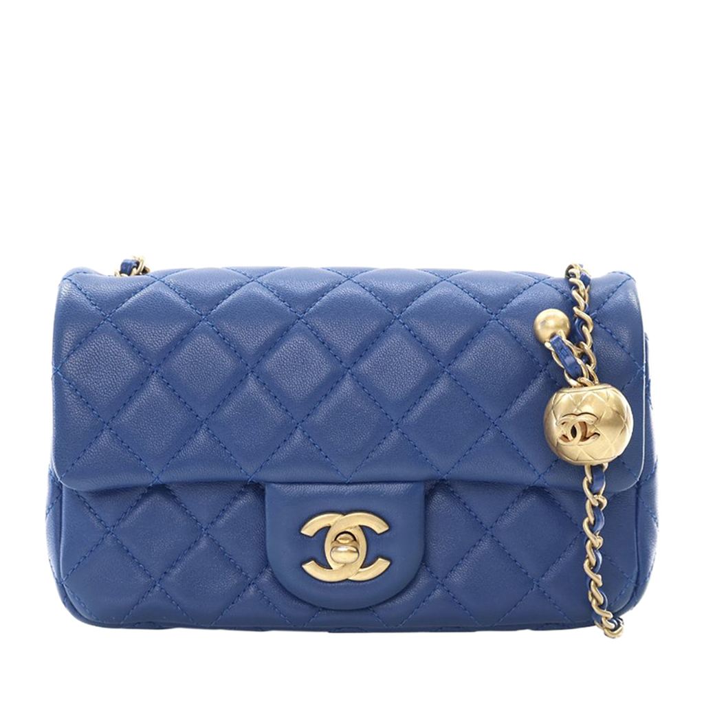 Blue Quilted Lambskin Pearl Crush Flap Bag Aged Gold Hardware, 2020