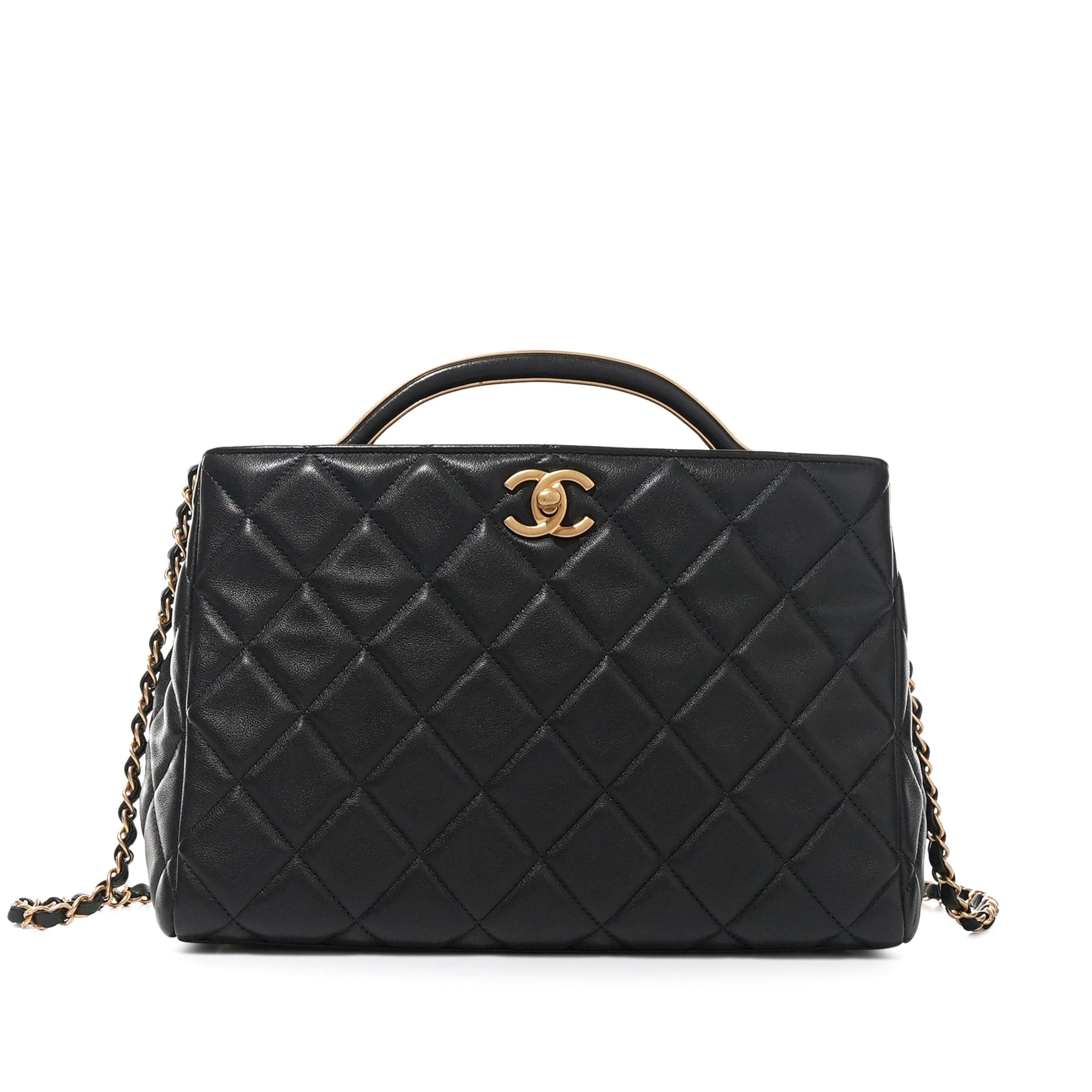 Black Quilted Lambskin Top Handle Shopping Bag Brushed Gold Hardware, 2021