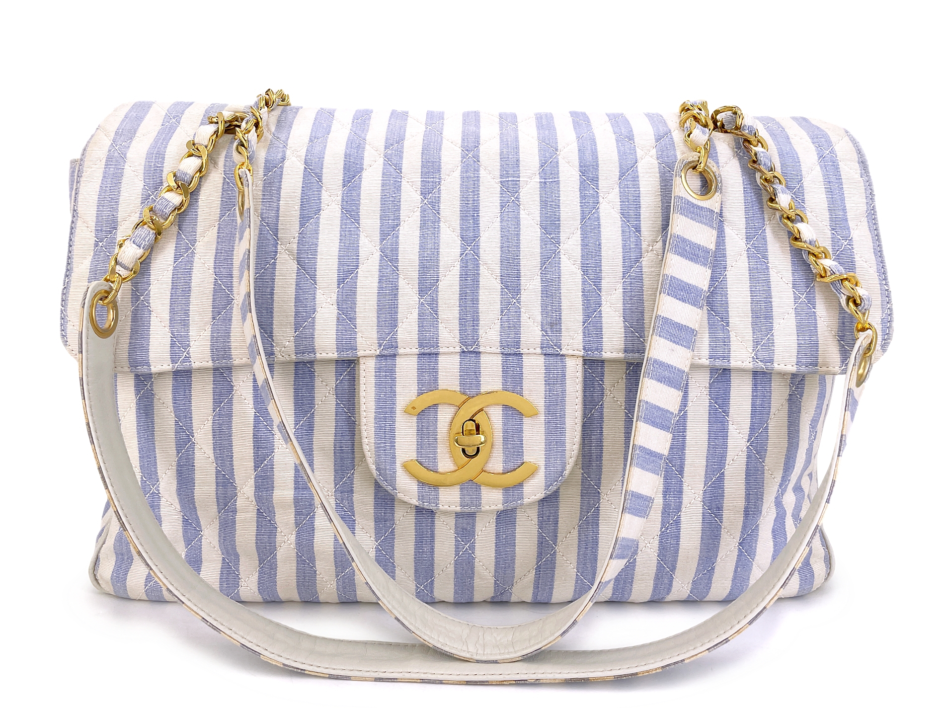 Vintage Blue and White Striped Linen Supermodel XXL Flap Bag Gold Hardware, 1995