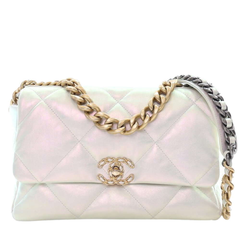 White Iridescent Quilted Calfskin Large 19 Flap Bag Mixed Hardware, 2021
