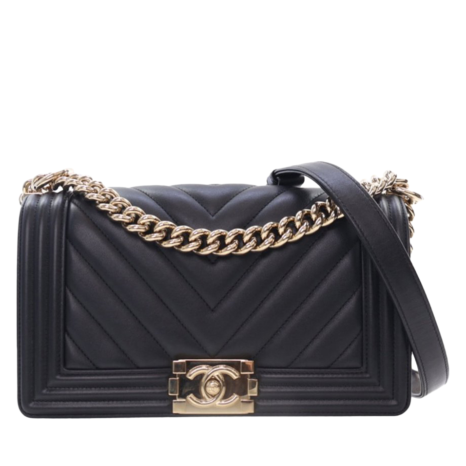 Black Quilted Chevron Calfskin Medium Boy Bag Gold Hardware, 2019