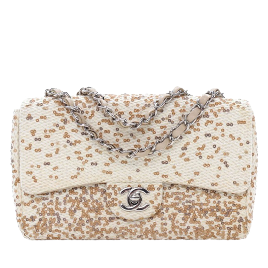 Beige Raffia and Sequin Small Single Flap Bag Silver Hardware, 2013-2014