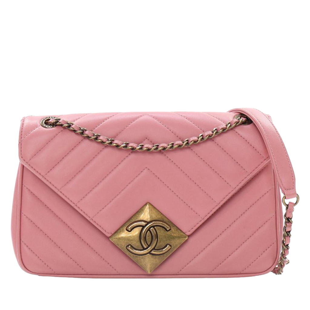 Pink Quilted Chevron Lambskin Mini Pyramid CC Flap Bag Aged Gold Hardware, 2015-2016