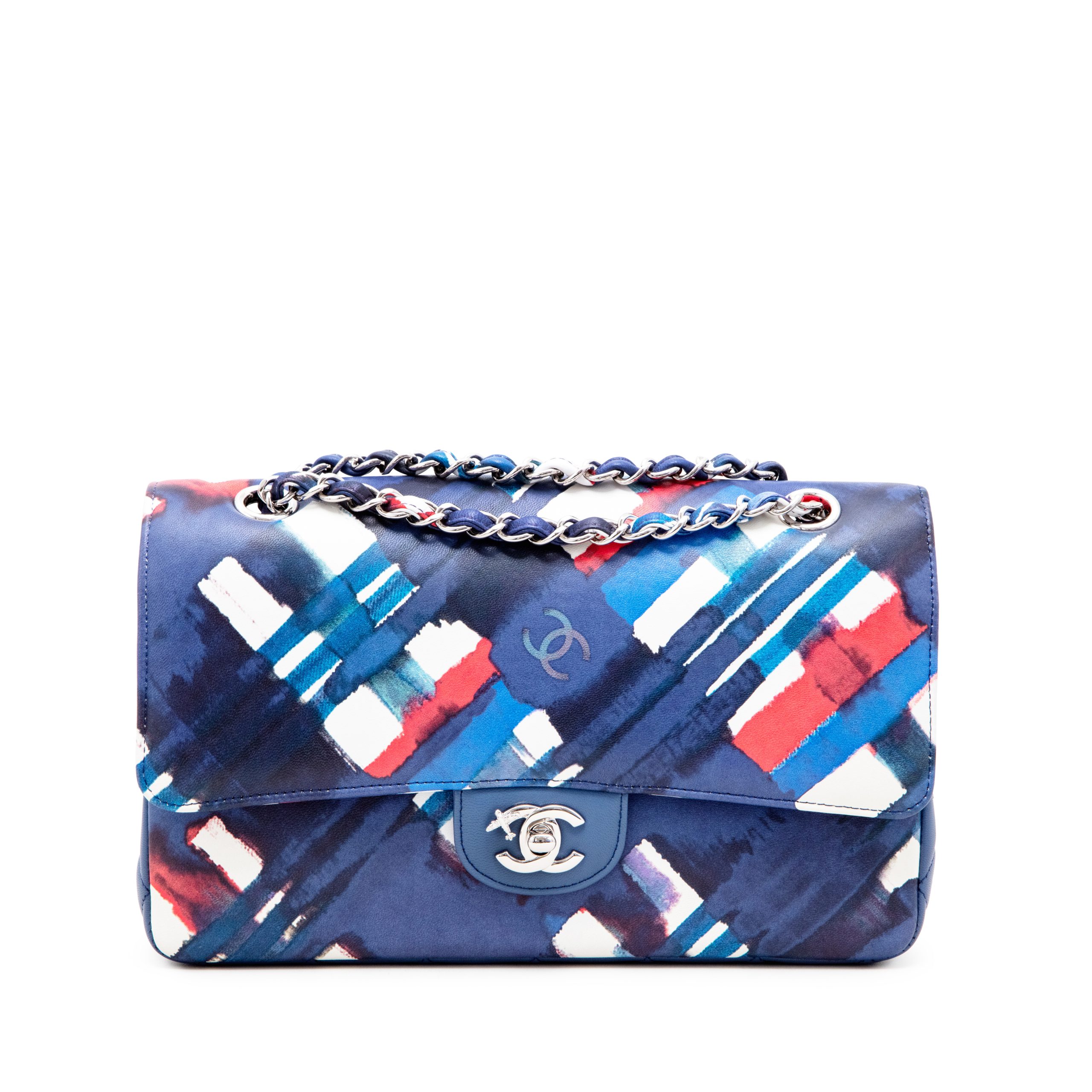 Blue Multicolor Airline Printed Lambskin Medium Double Flap Bag Silver Hardware, 2017