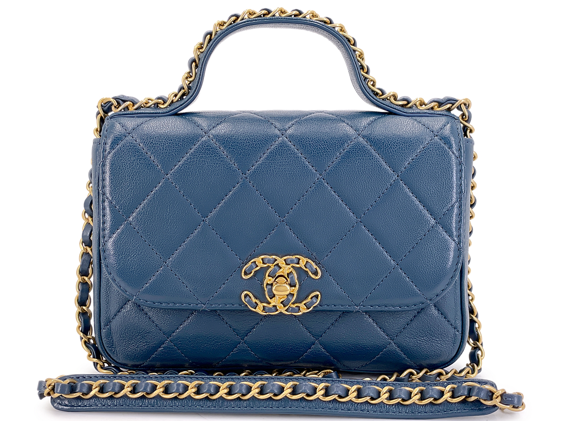 Slate Blue Quilted Calfskin Infinity Top Handle Crossbody Flap Bag Gold Hardware, 2019