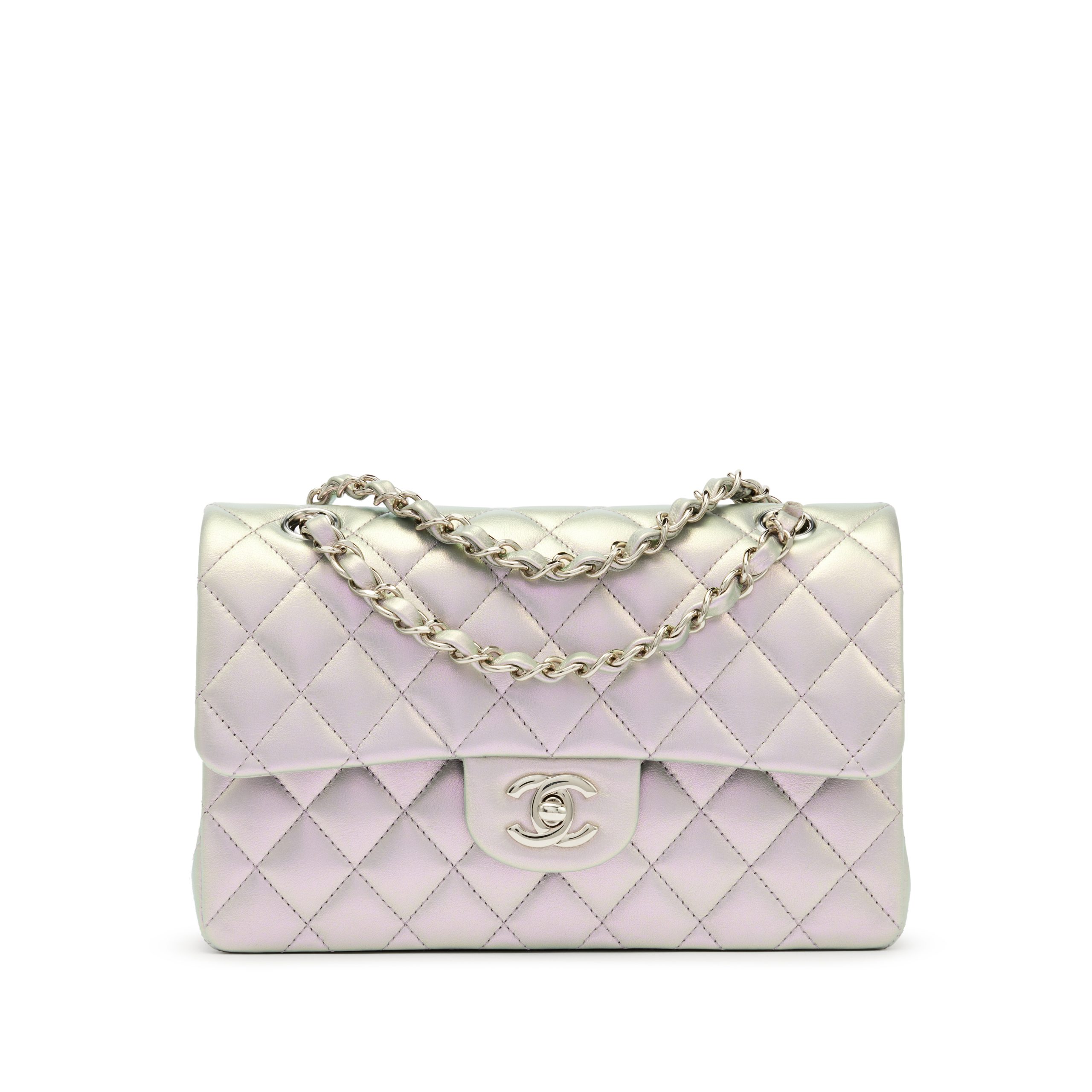 Iridescent Pearl Lilac Quilted Calfskin Small Double Flap Bag Silver Hardware, 2021