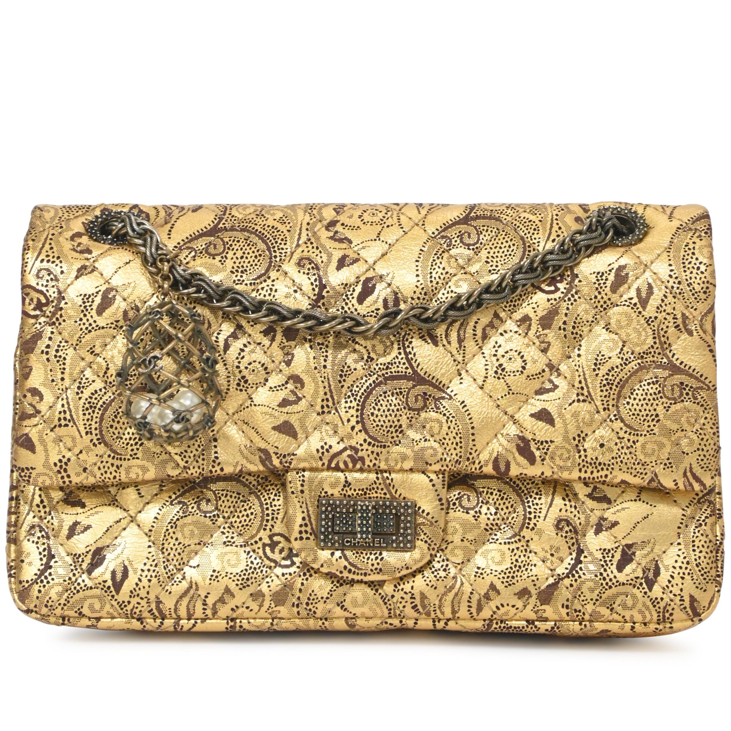 Gold Brocade Hand Painted Lace Quilted Buffalo Paris-Moscow 225 Reissue 2.55 Double Flap Bag Antique Gold Hardware, 2009