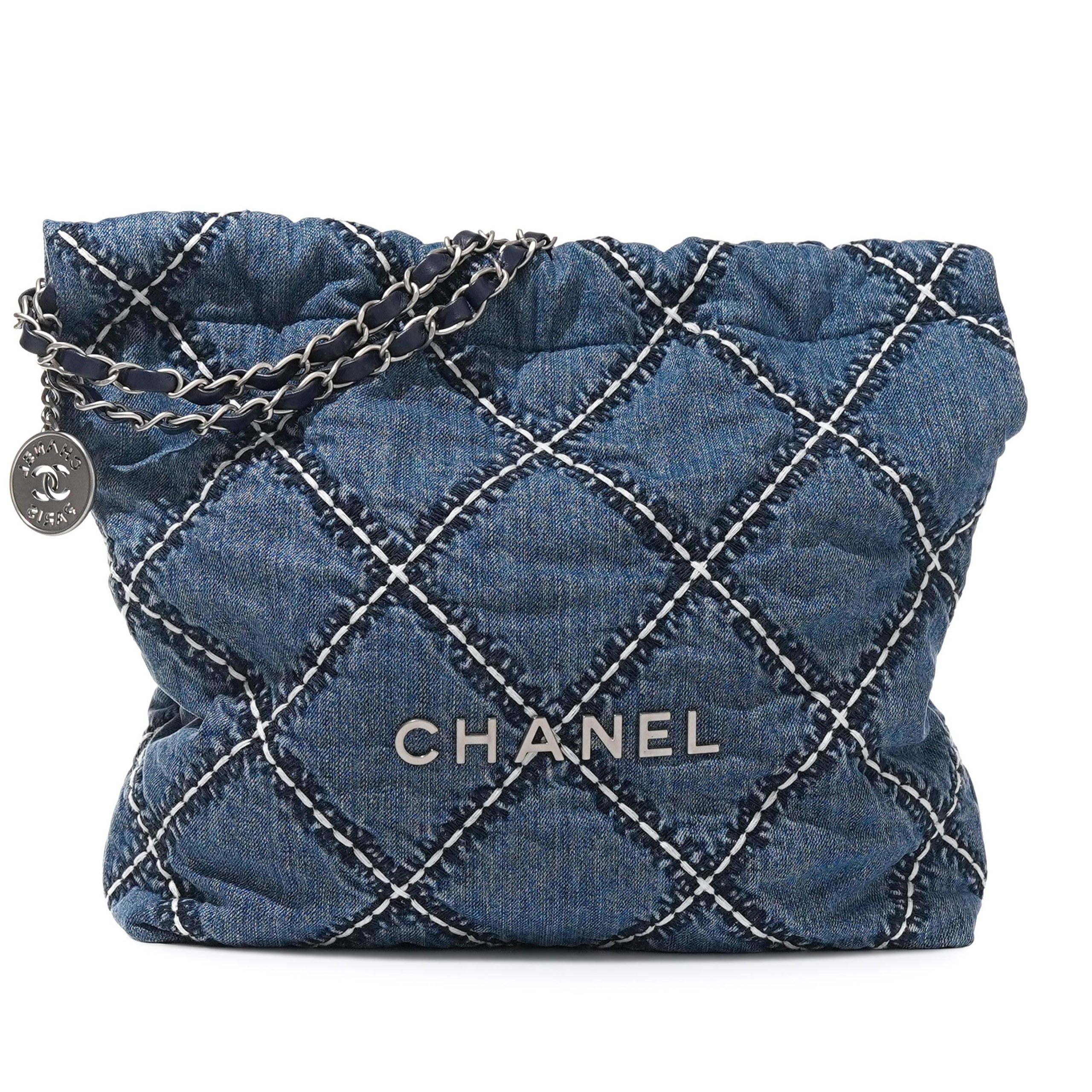 Blue Quilted Denim Chanel 22 Aged Silver Hardware